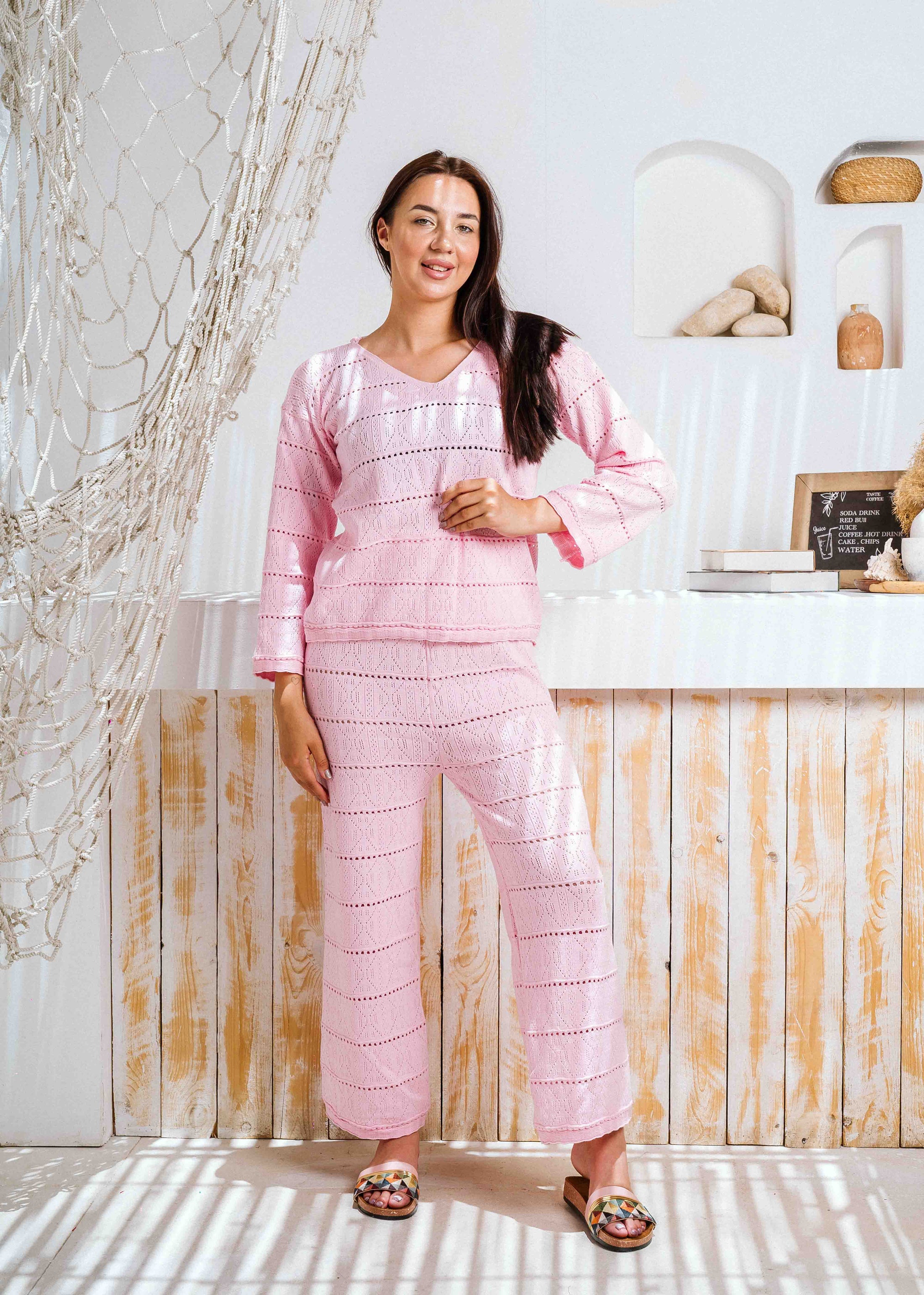 Pointelle Knit Top and Wide-Leg Pants Set - pink