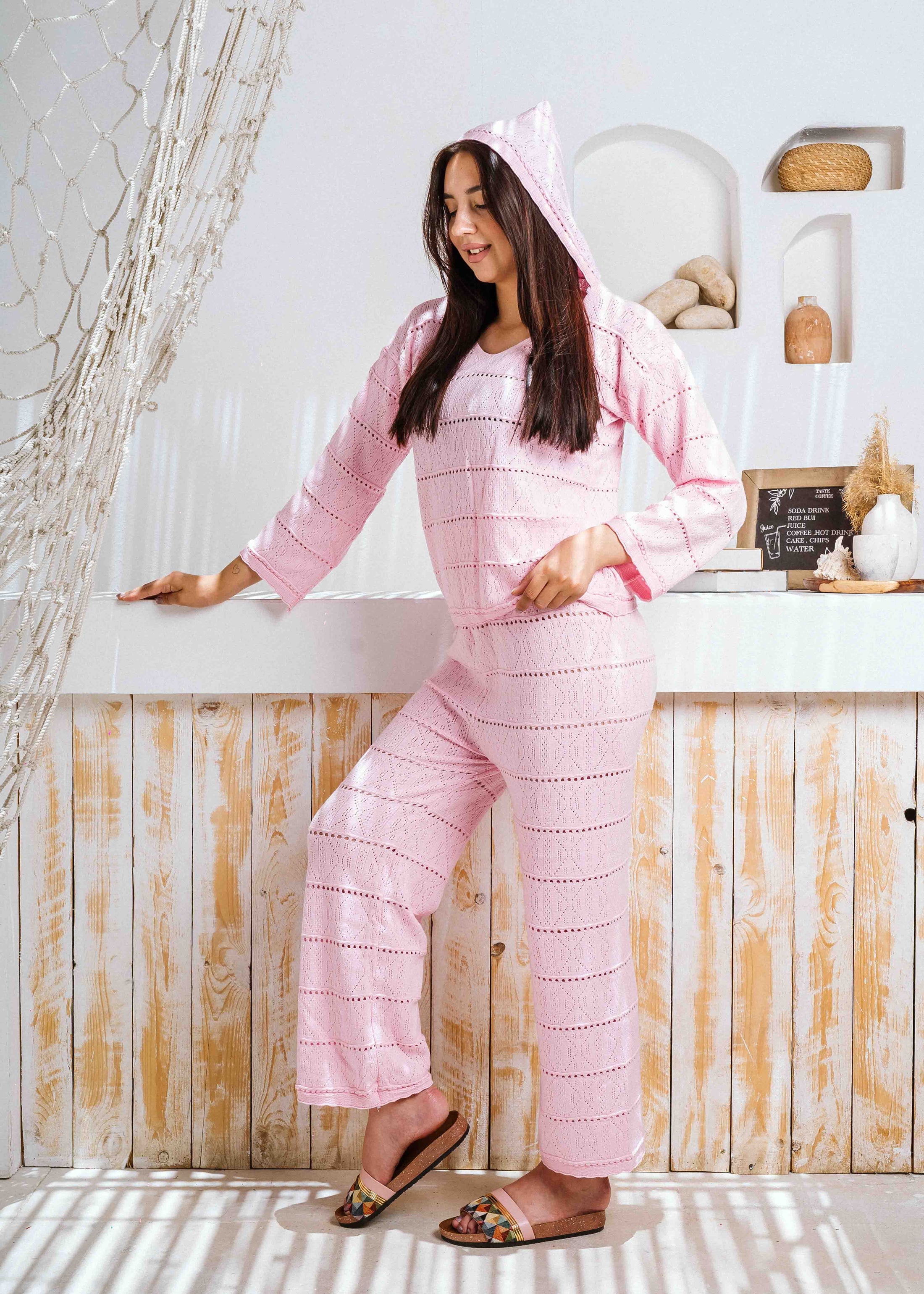 Pointelle Knit Top and Wide-Leg Pants Set - pink