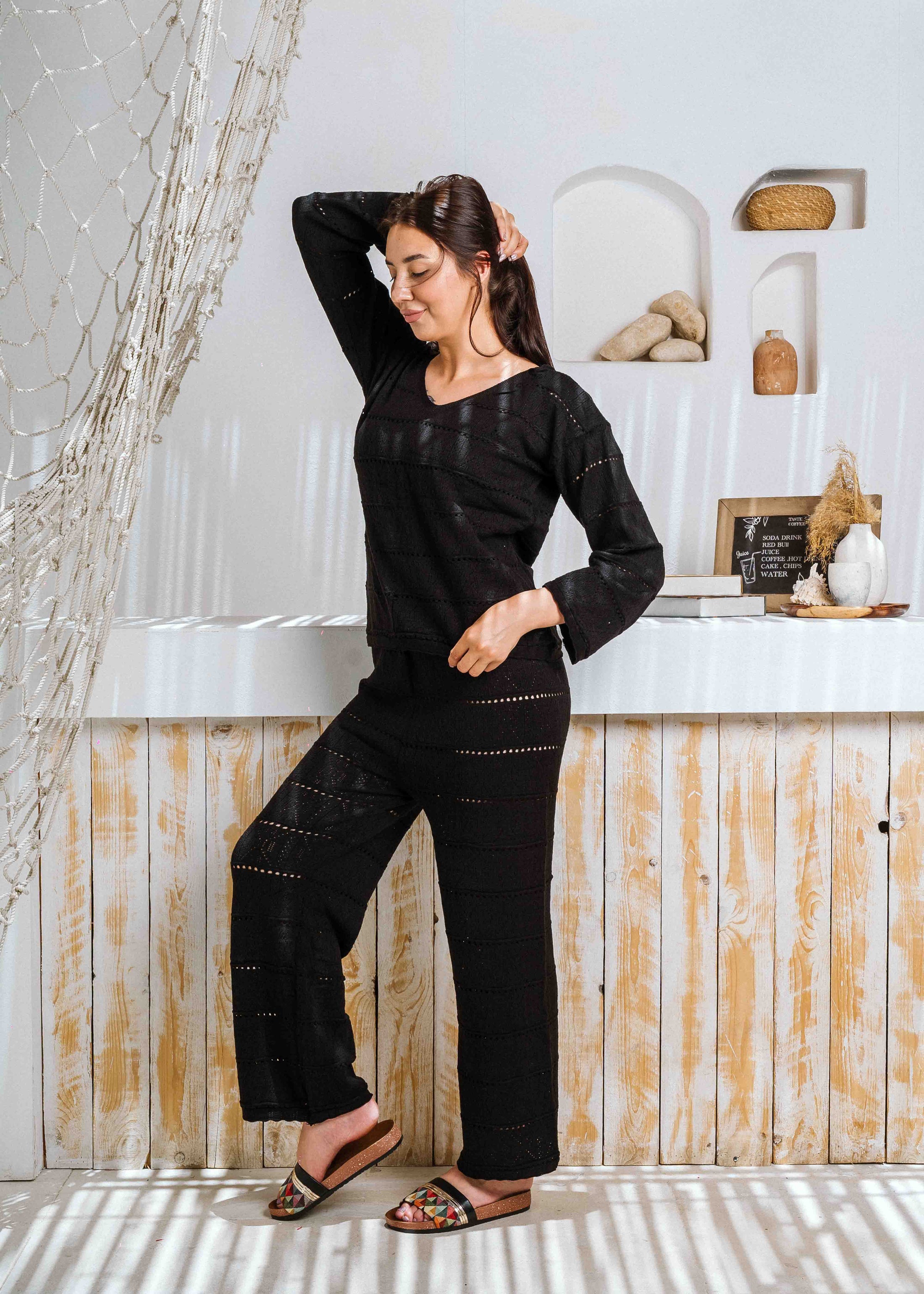 Pointelle Knit Top and Wide-Leg Pants Set - black