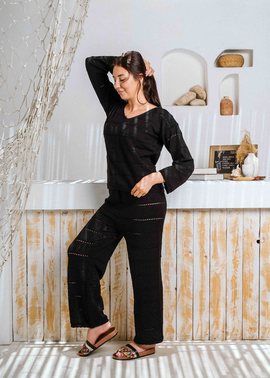 Pointelle Knit Top and Wide-Leg Pants Set - black