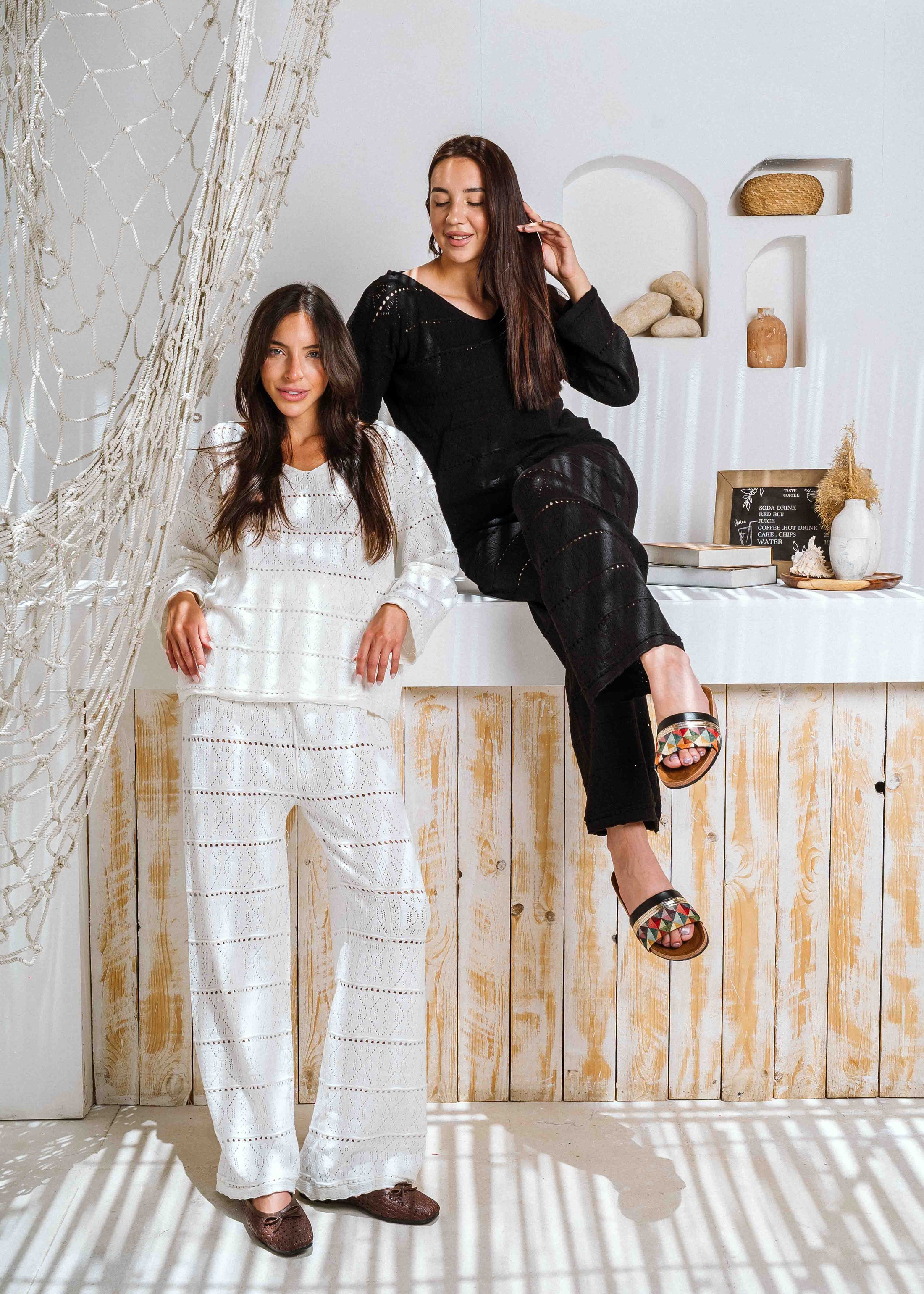 Pointelle Knit Top and Wide-Leg Pants Set - white