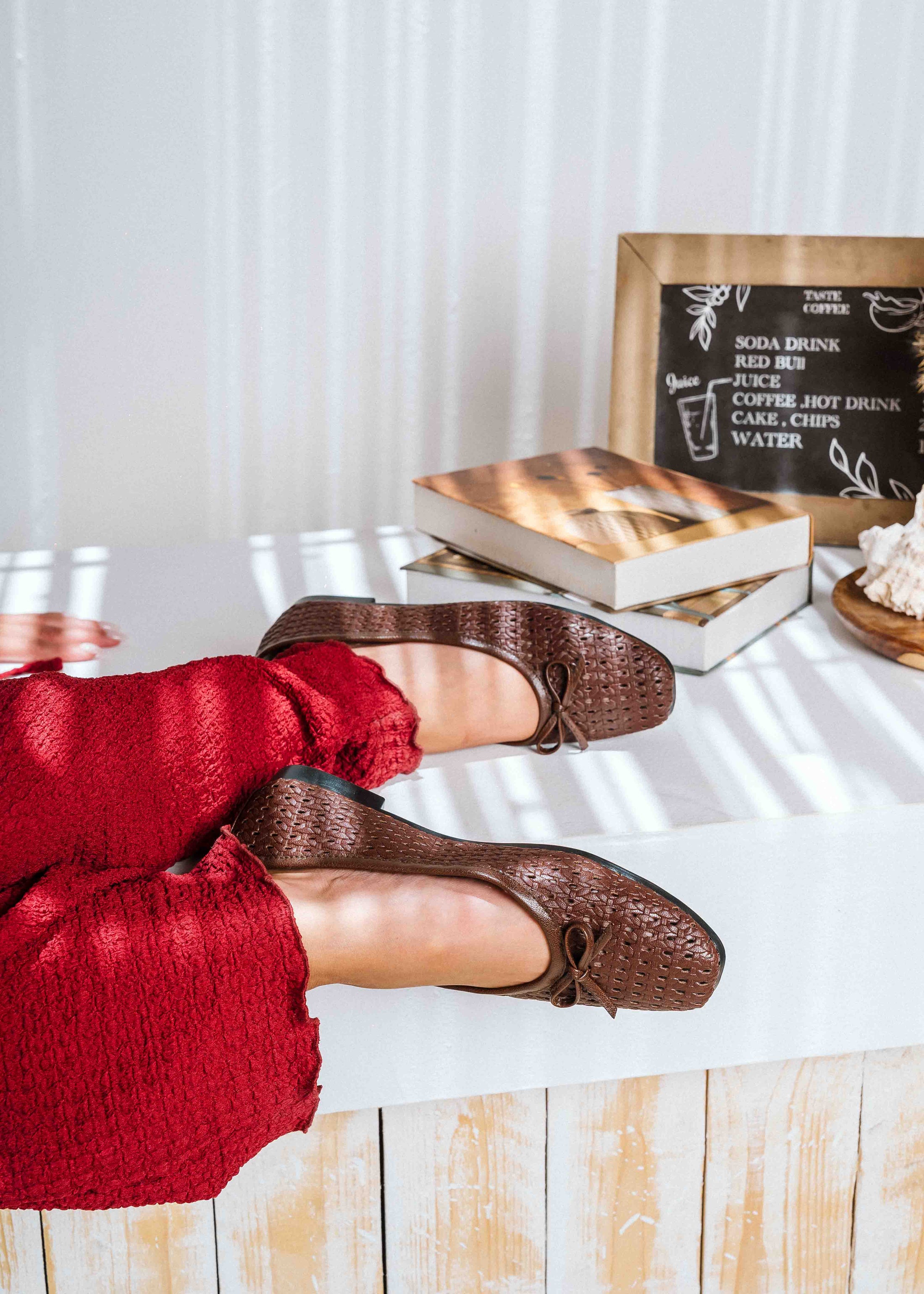 Braided Bow Ballet Flats - brown