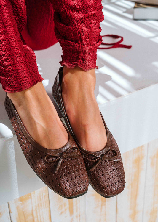 Braided Bow Ballet Flats - brown