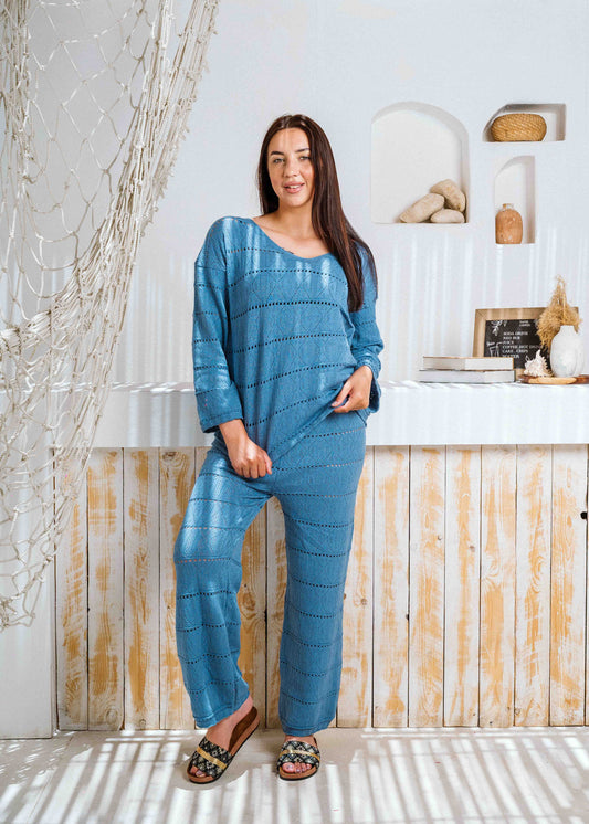 Pointelle Knit Top and Wide-Leg Pants Set - blue