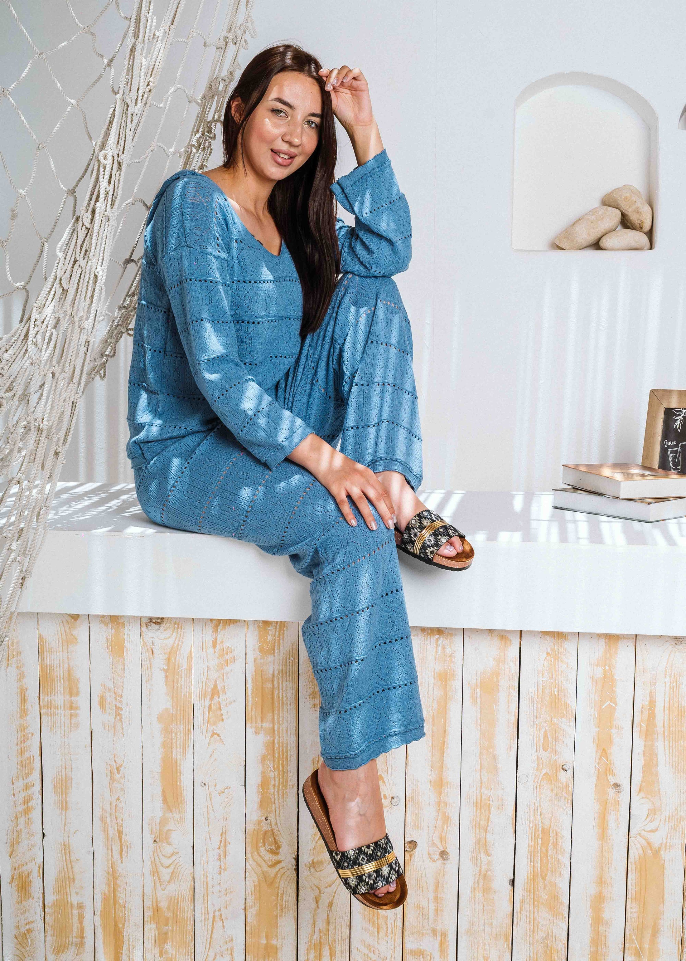 Pointelle Knit Top and Wide-Leg Pants Set - blue