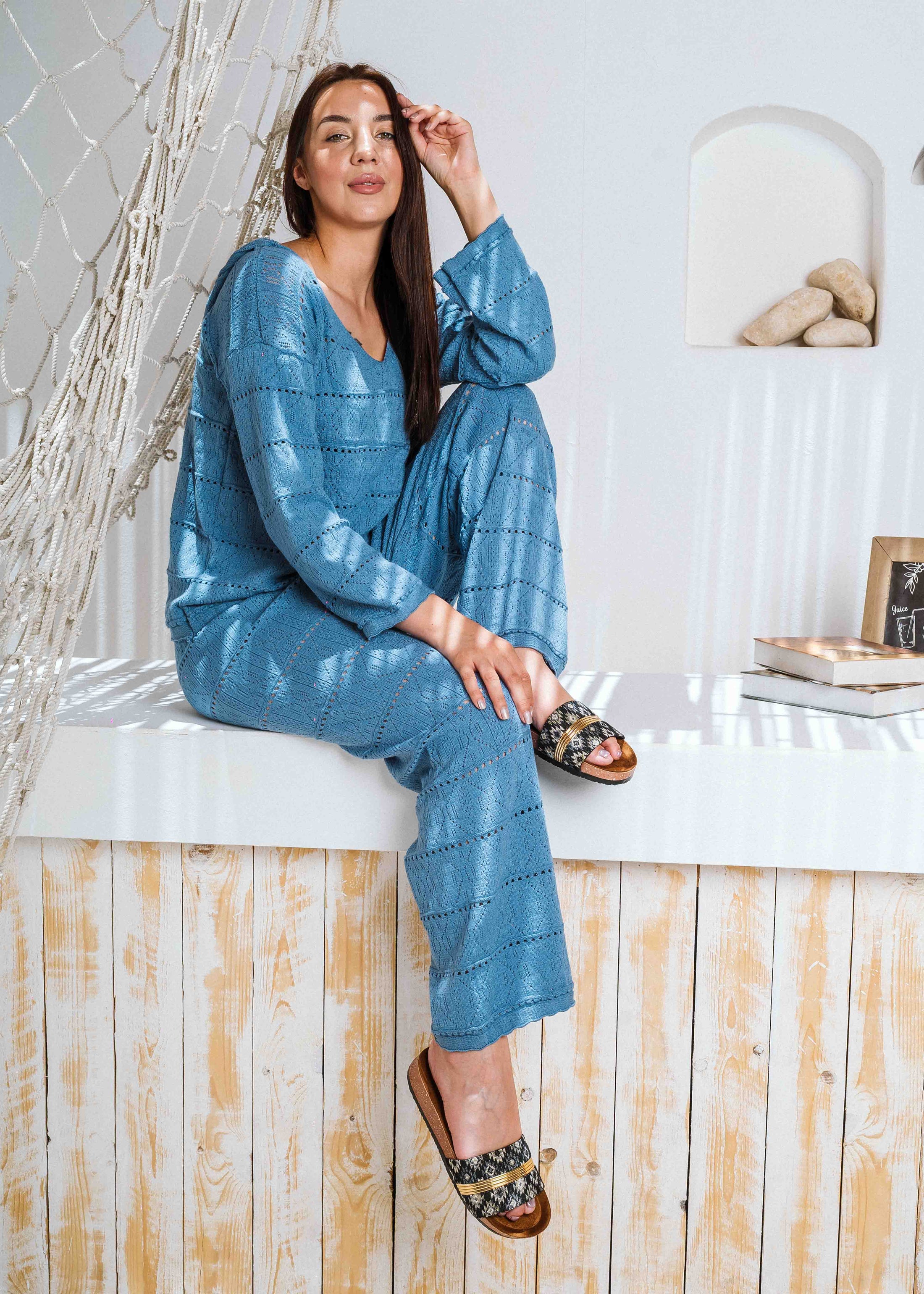 Pointelle Knit Top and Wide-Leg Pants Set - blue