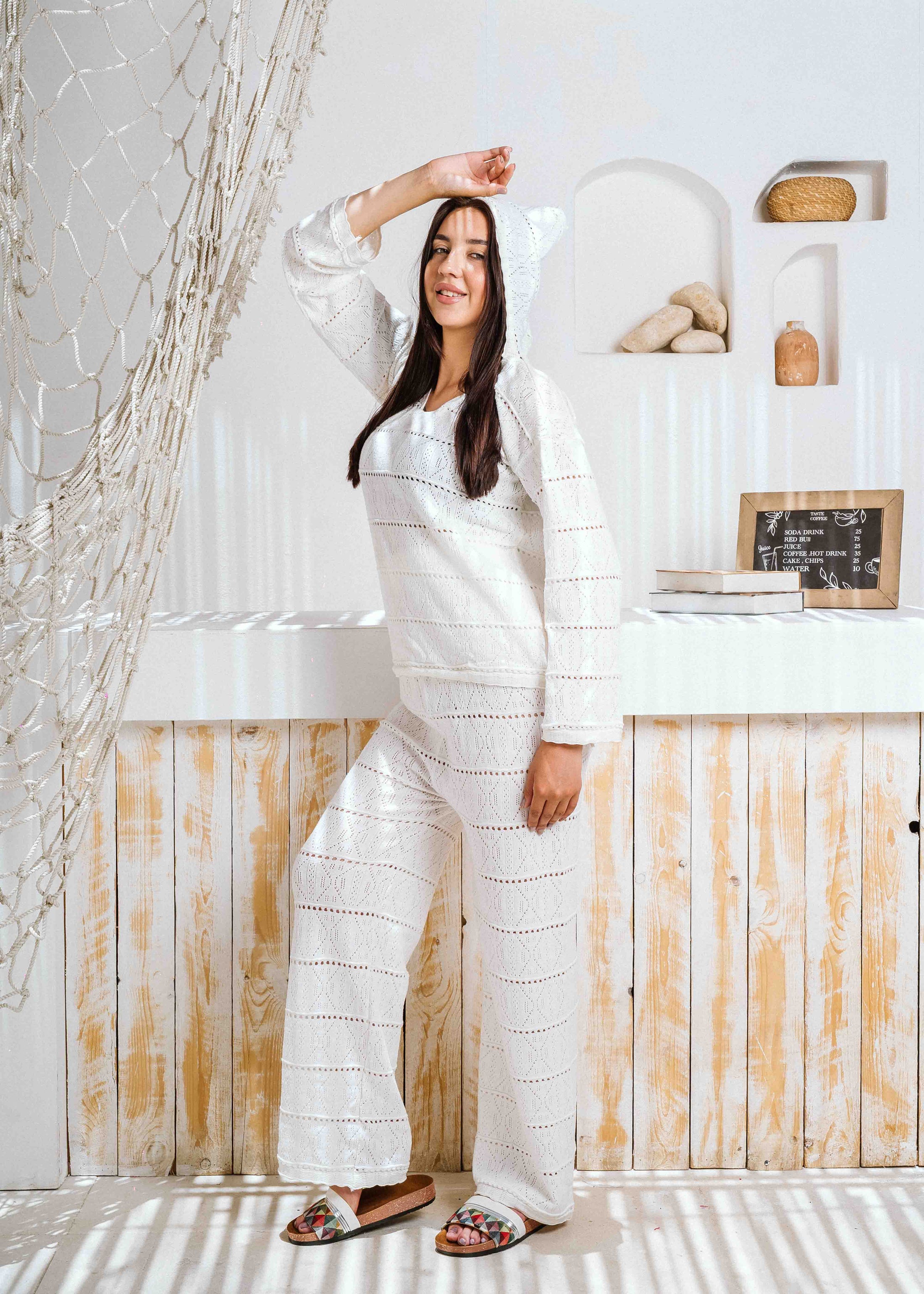 Pointelle Knit Top and Wide-Leg Pants Set - white