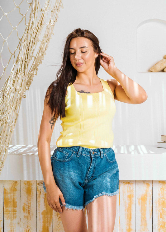 Square Neck Ribbed Knit Top - yellow