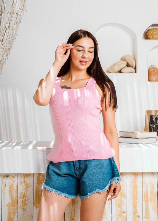 Square Neck Ribbed Knit Top - pink
