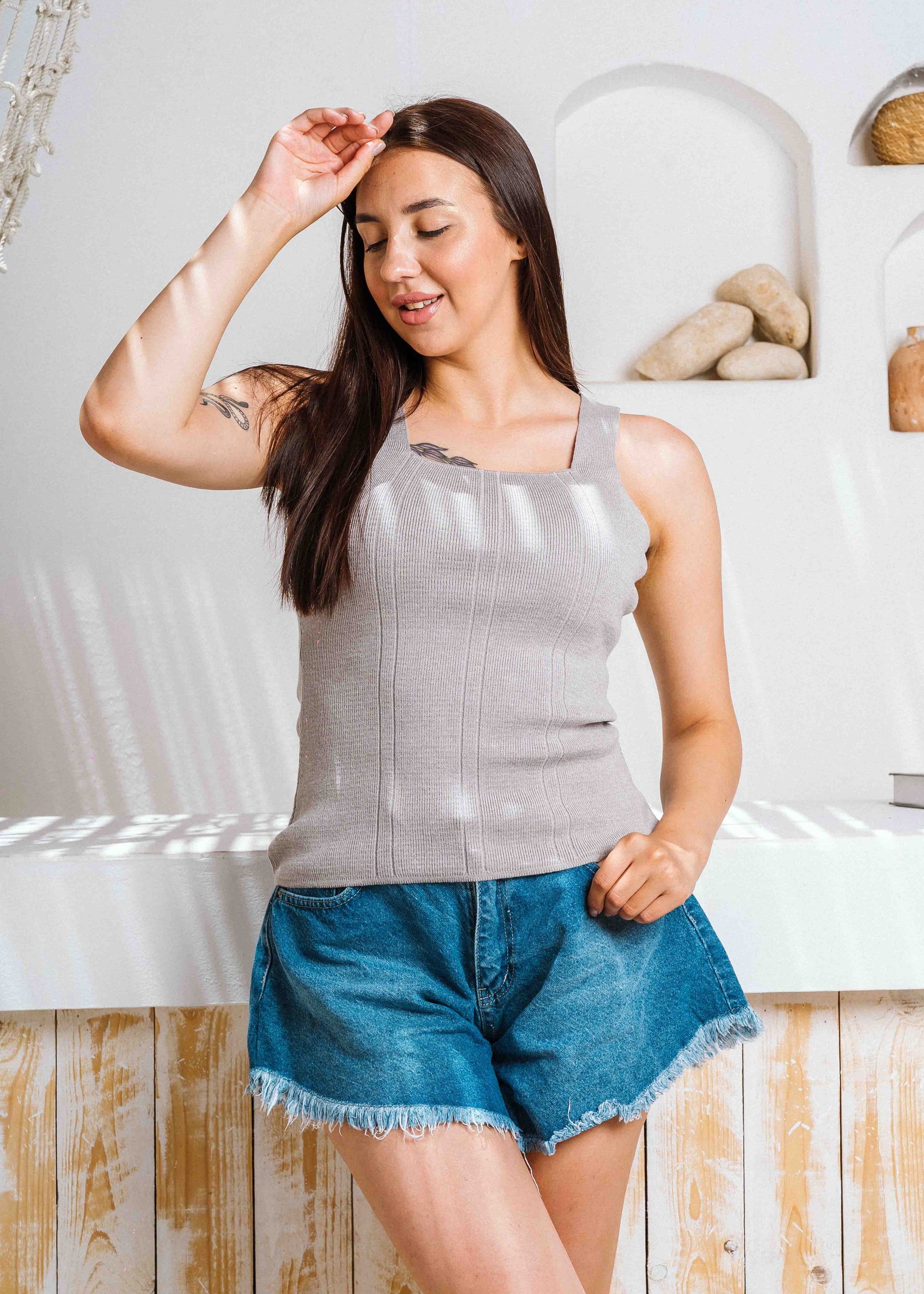 Square Neck Ribbed Knit Top - gray