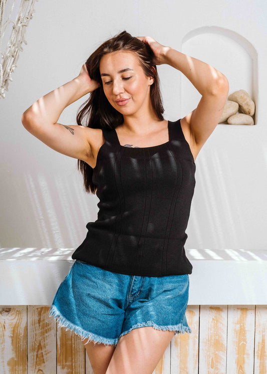 Square Neck Ribbed Knit Top - black