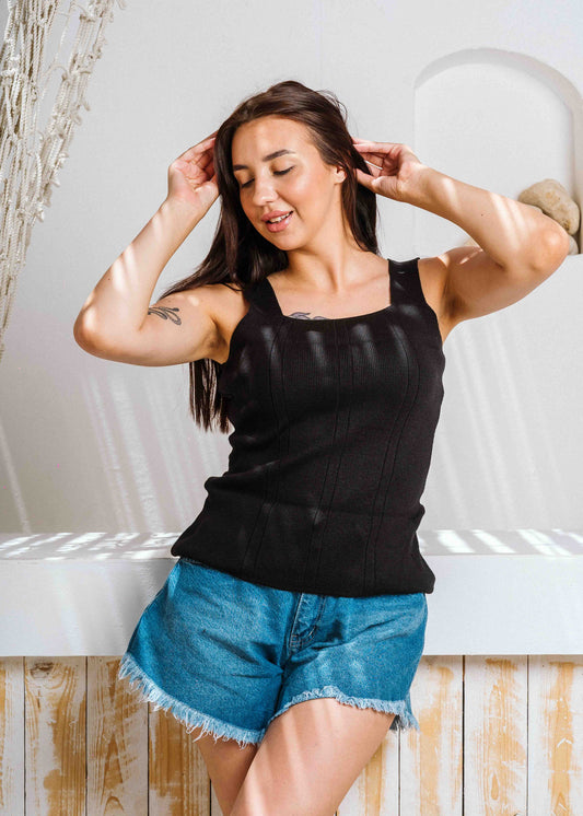 Square Neck Ribbed Knit Top - black