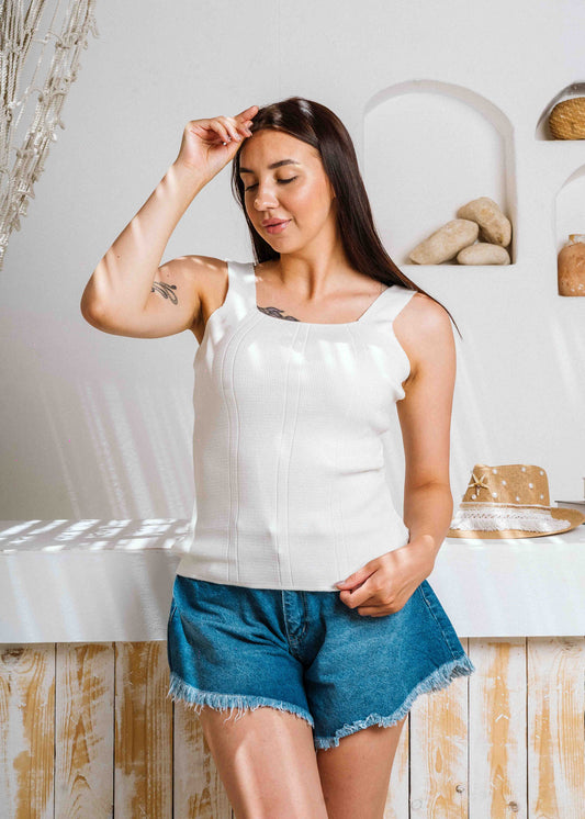 Square Neck Ribbed Knit Top - white
