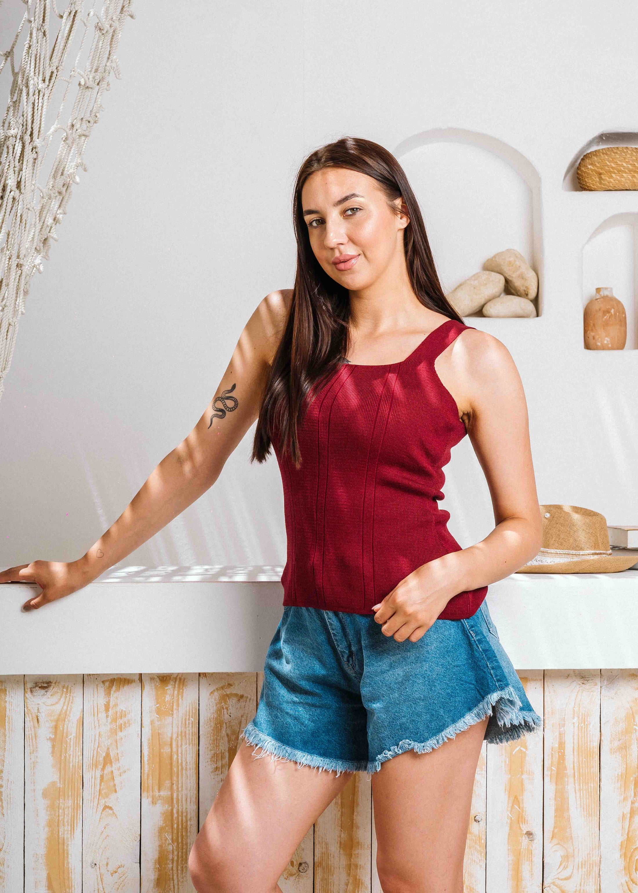 Square Neck Ribbed Knit Top - maroon