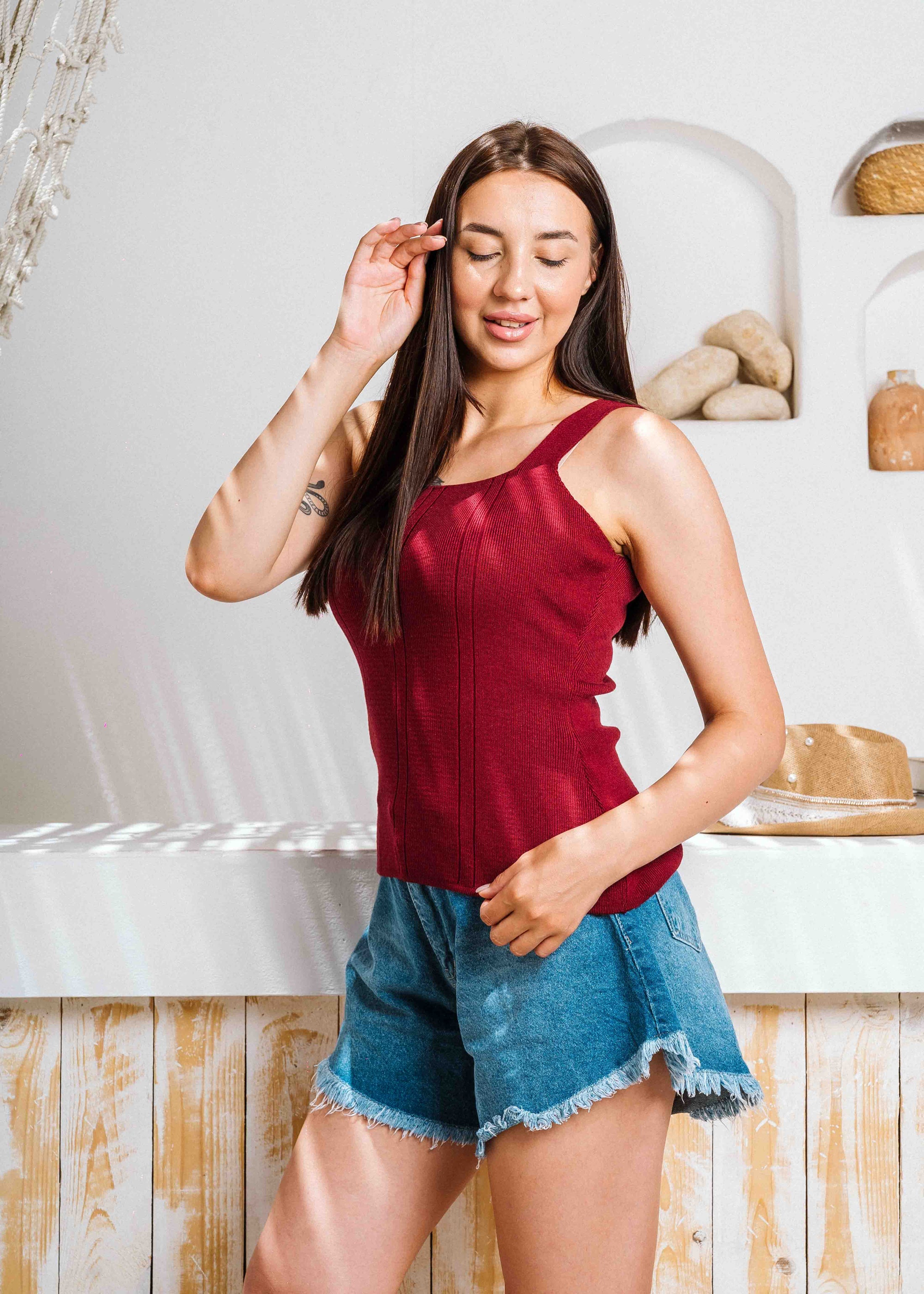 Square Neck Ribbed Knit Top - maroon