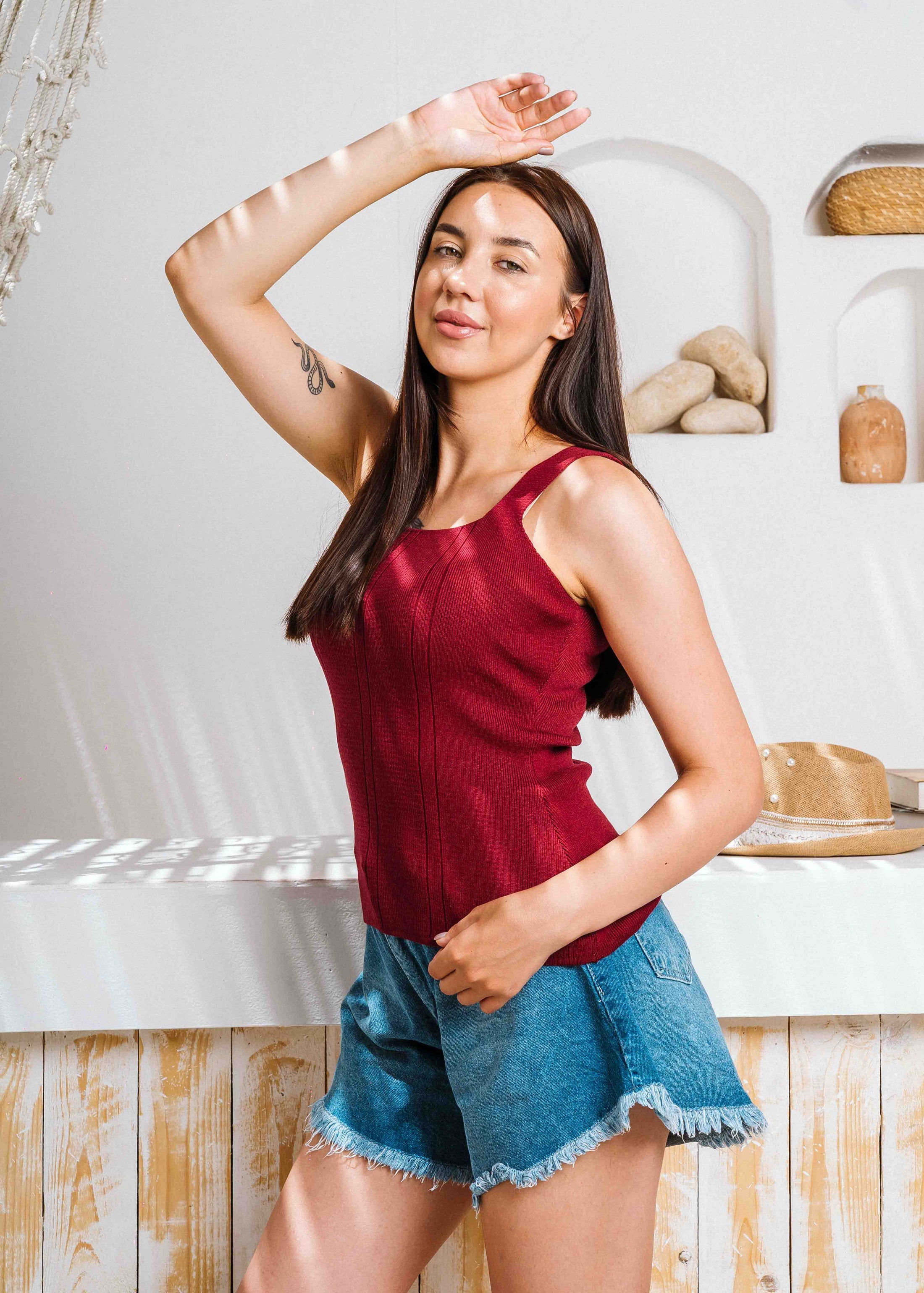 Square Neck Ribbed Knit Top - maroon