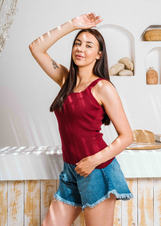 Square Neck Ribbed Knit Top - maroon