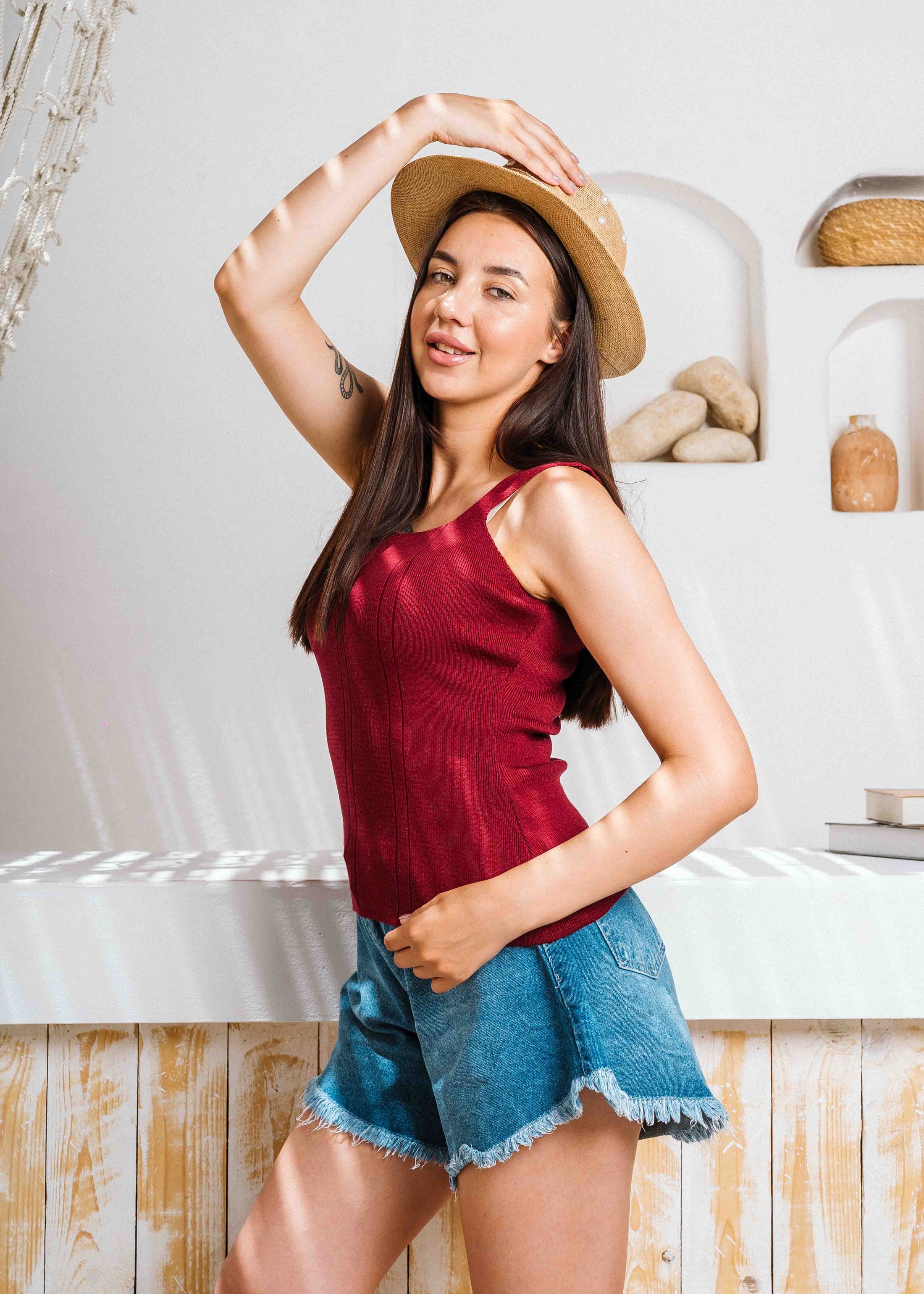 Square Neck Ribbed Knit Top - maroon