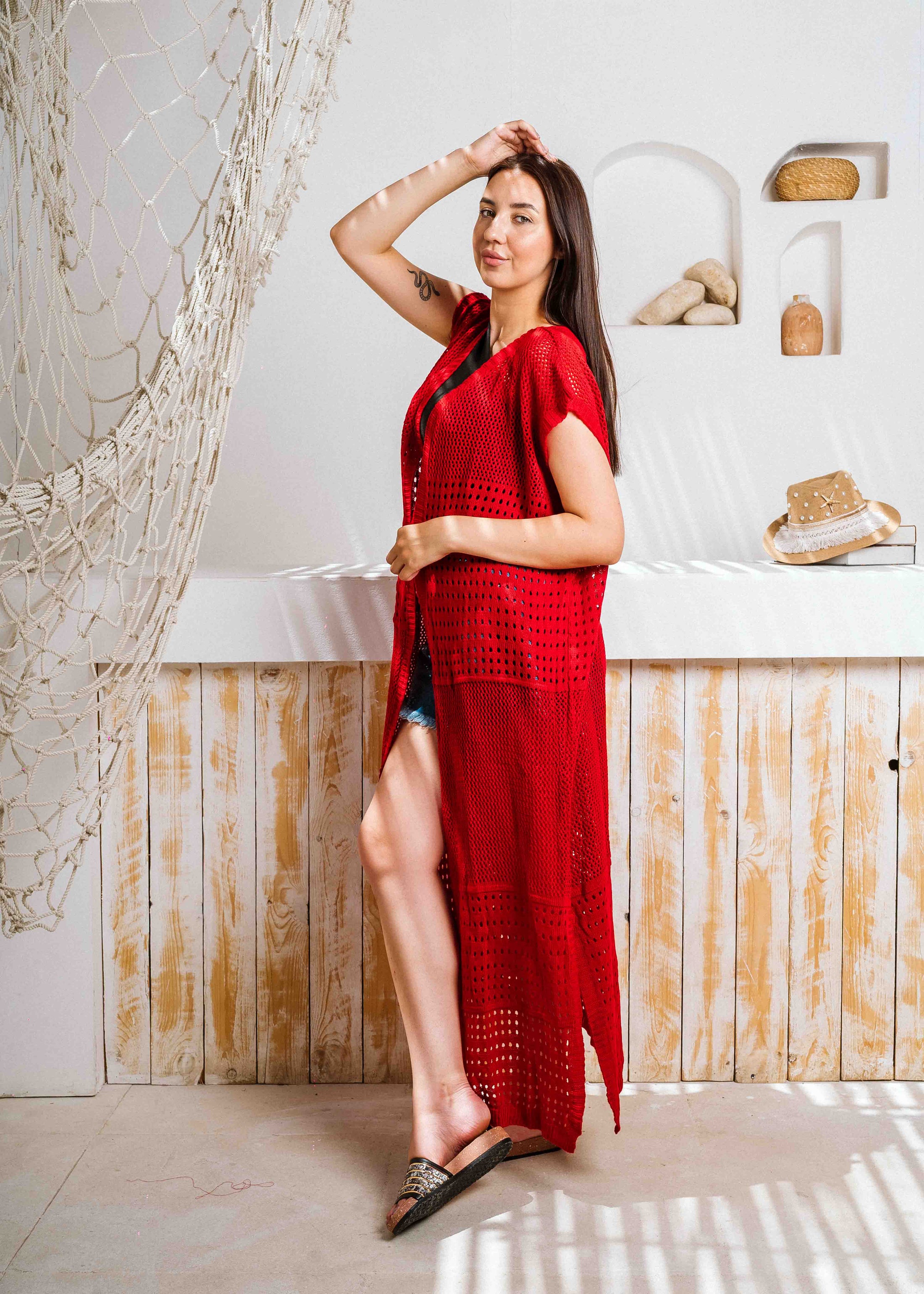 Summer Beach Knit Maxi Cardigan - red