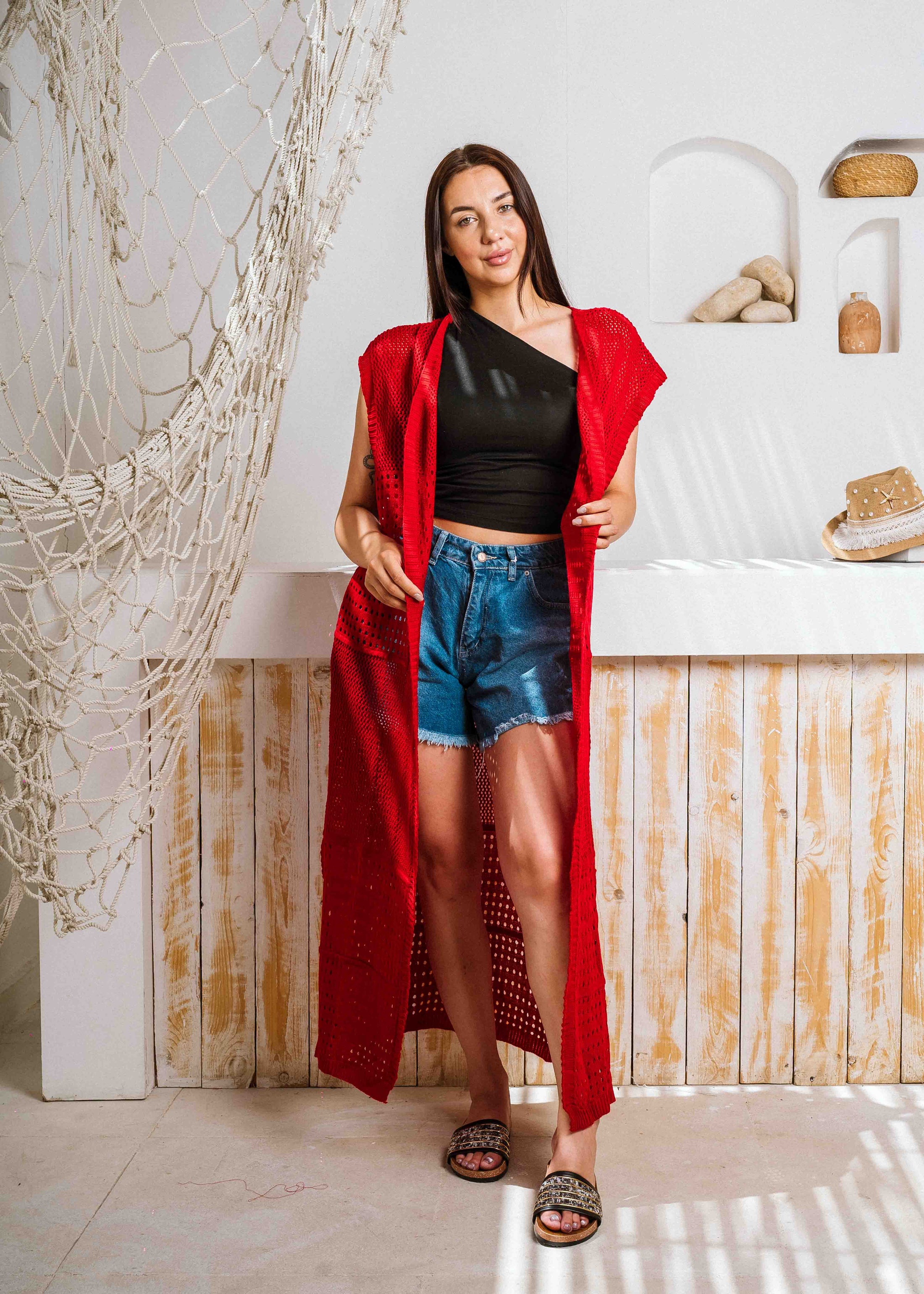 Summer Beach Knit Maxi Cardigan - red