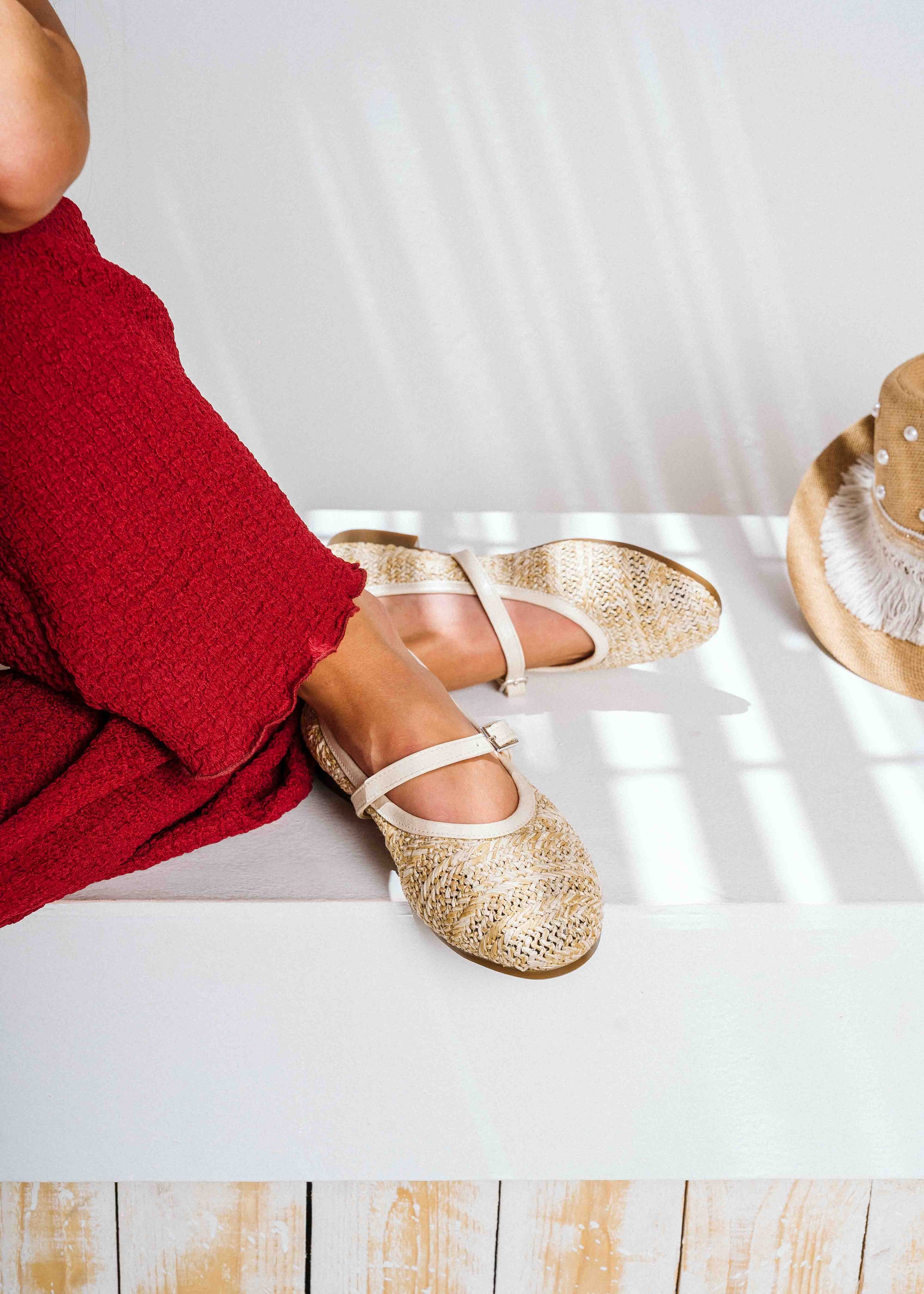 Textured Mary Jane Flats - beige
