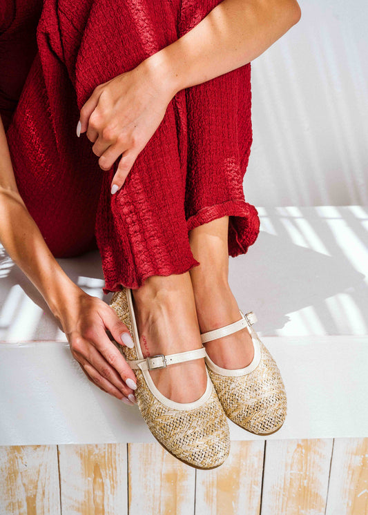 Textured Mary Jane Flats - beige