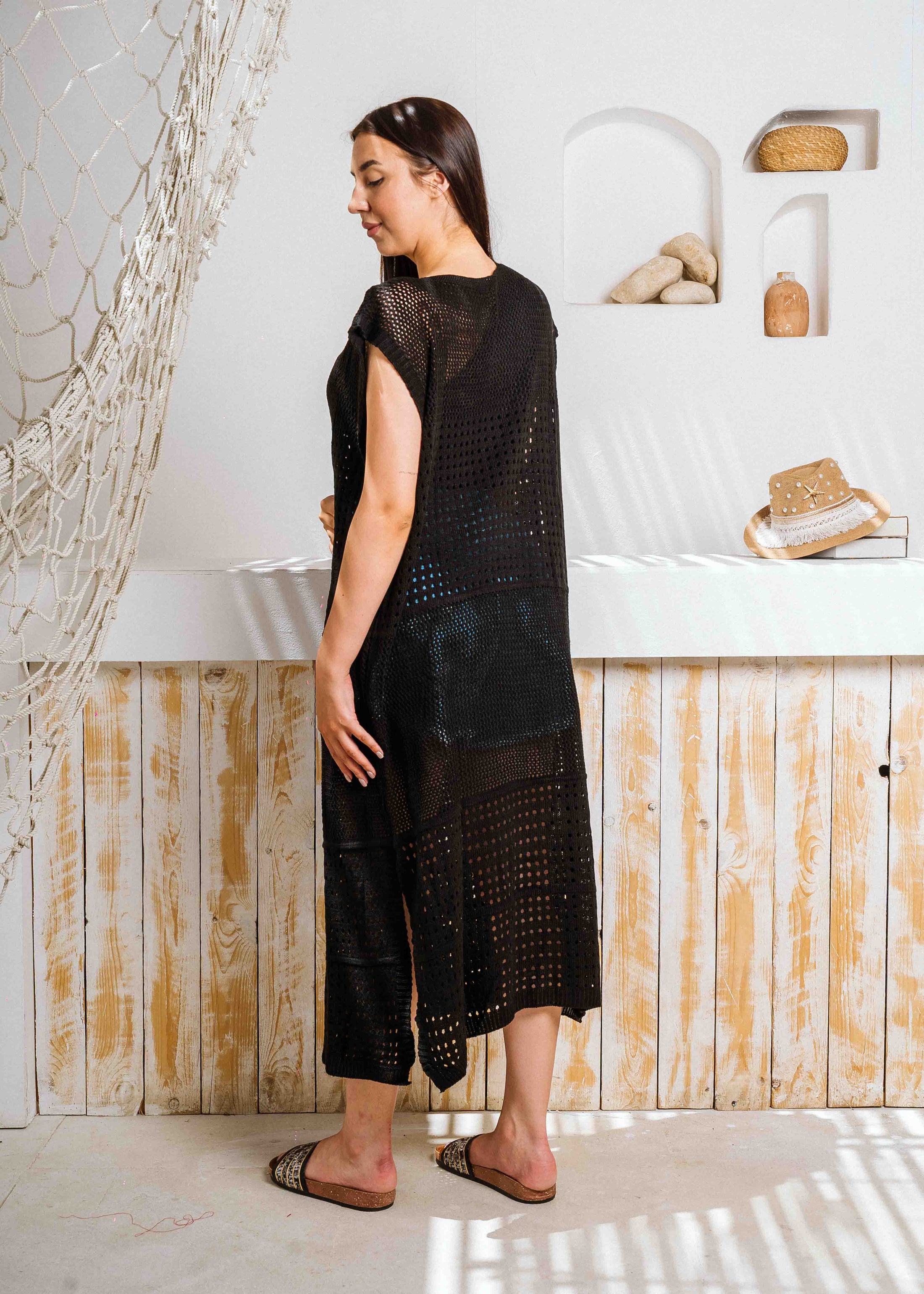 Summer Beach Knit Maxi Cardigan - black