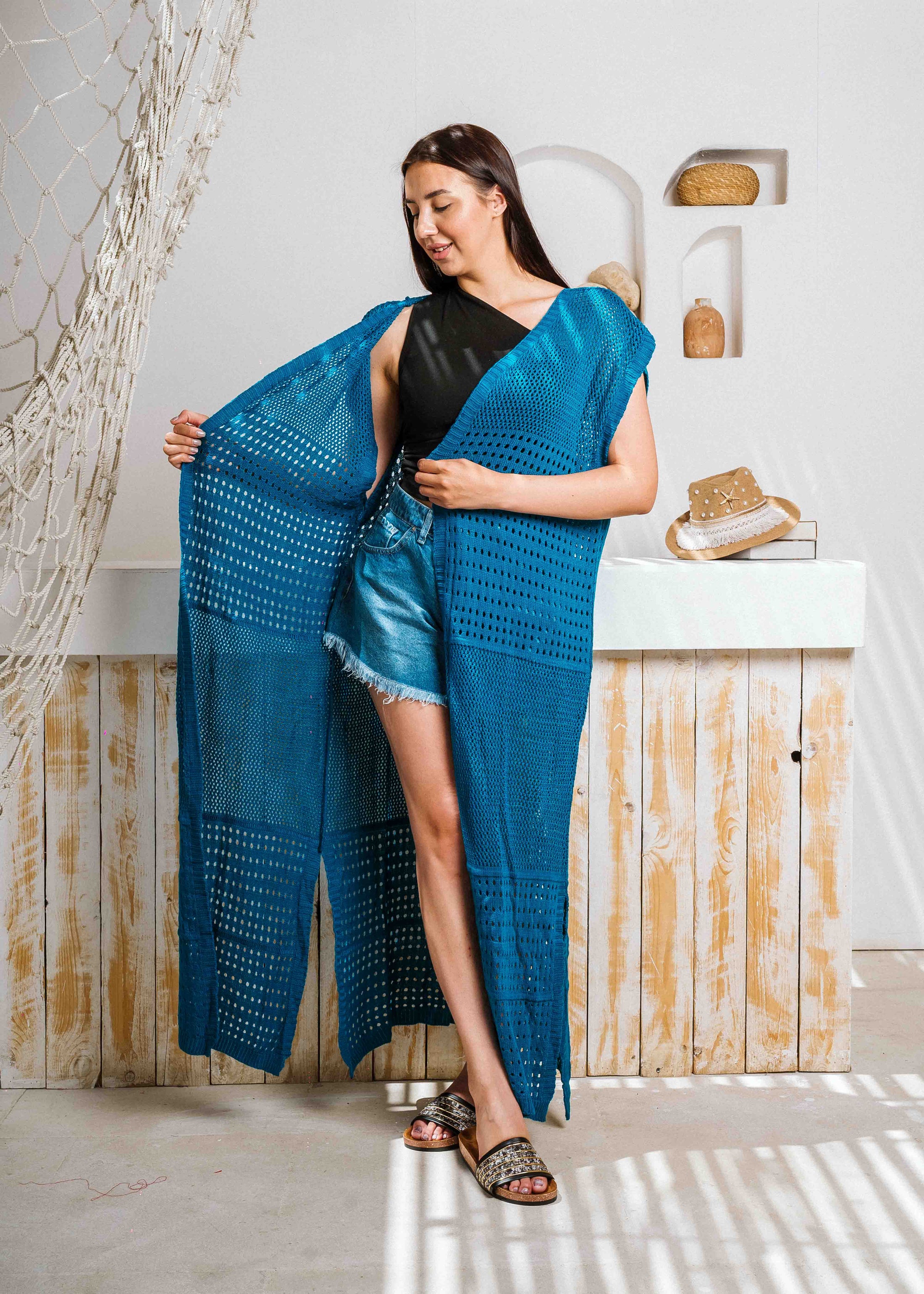 Summer Beach Knit Maxi Cardigan - blue