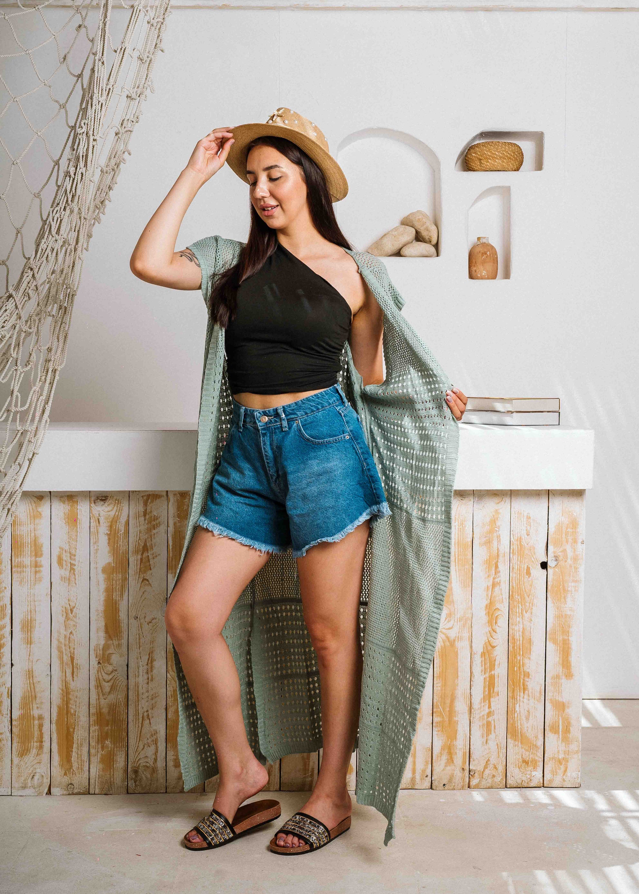 Summer Beach Knit Maxi Cardigan - light green