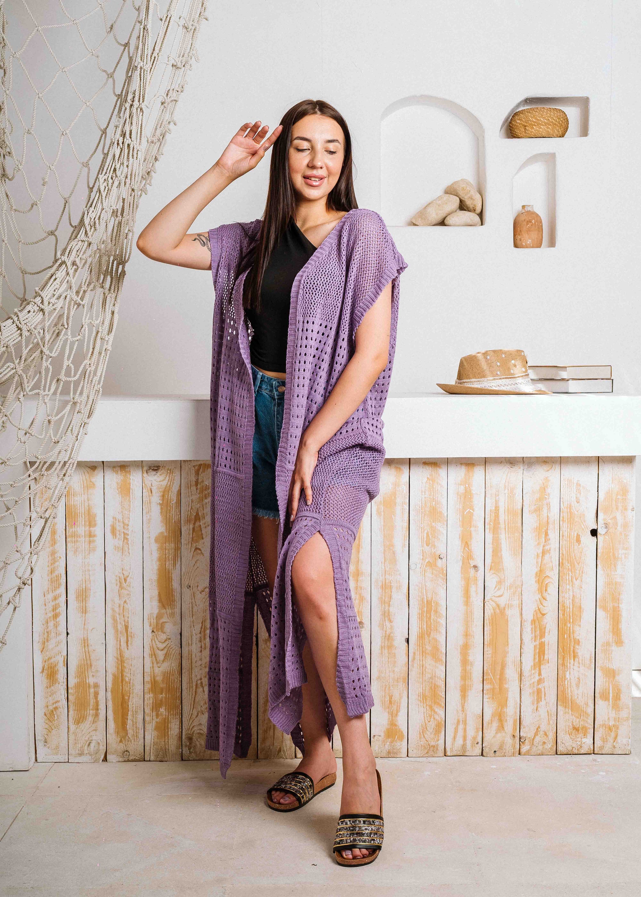 Summer Beach Knit Maxi Cardigan - purple