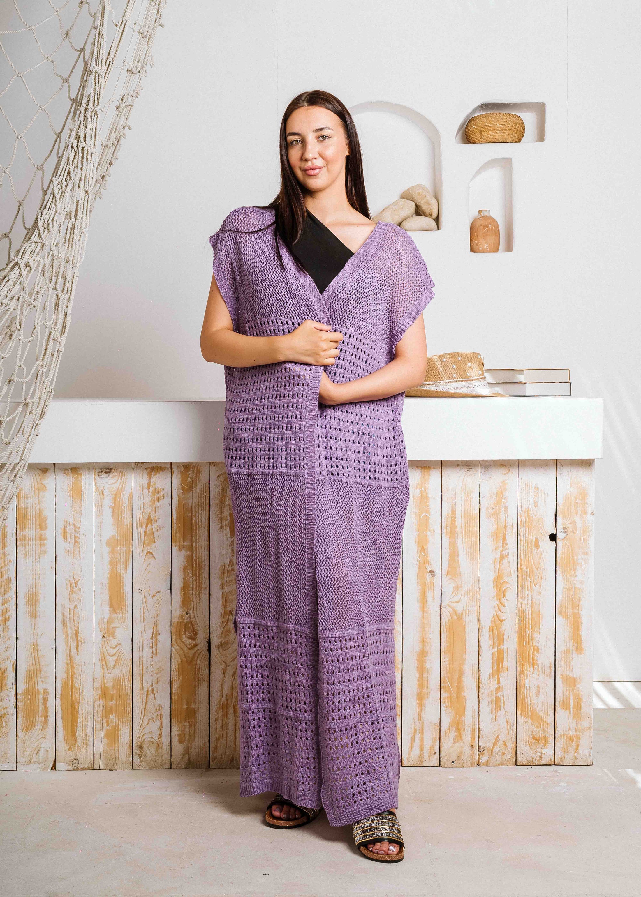Summer Beach Knit Maxi Cardigan - purple