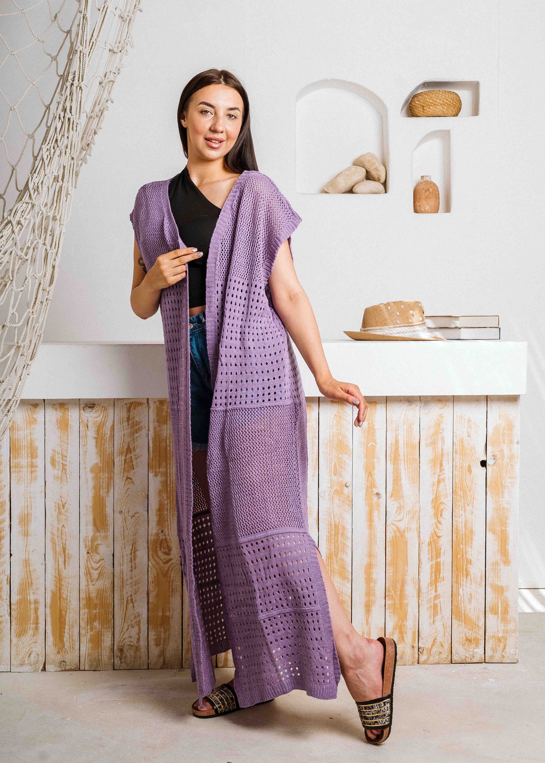 Summer Beach Knit Maxi Cardigan - purple