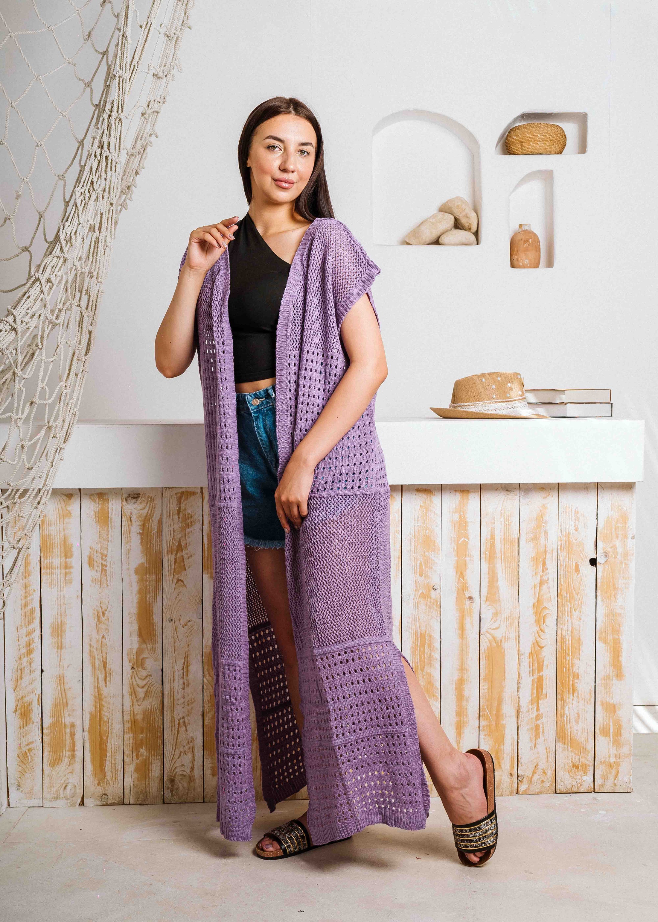 Summer Beach Knit Maxi Cardigan - purple