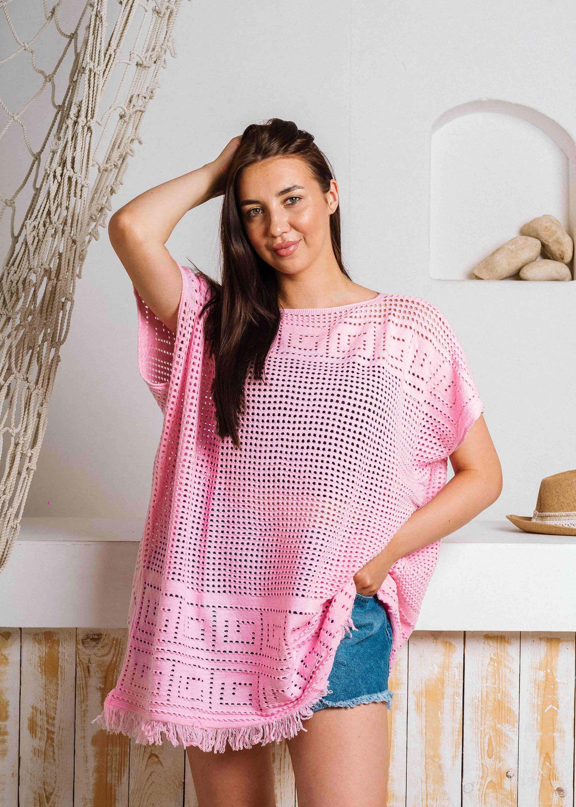 Summer Crochet Kaftan Short Dress - pink