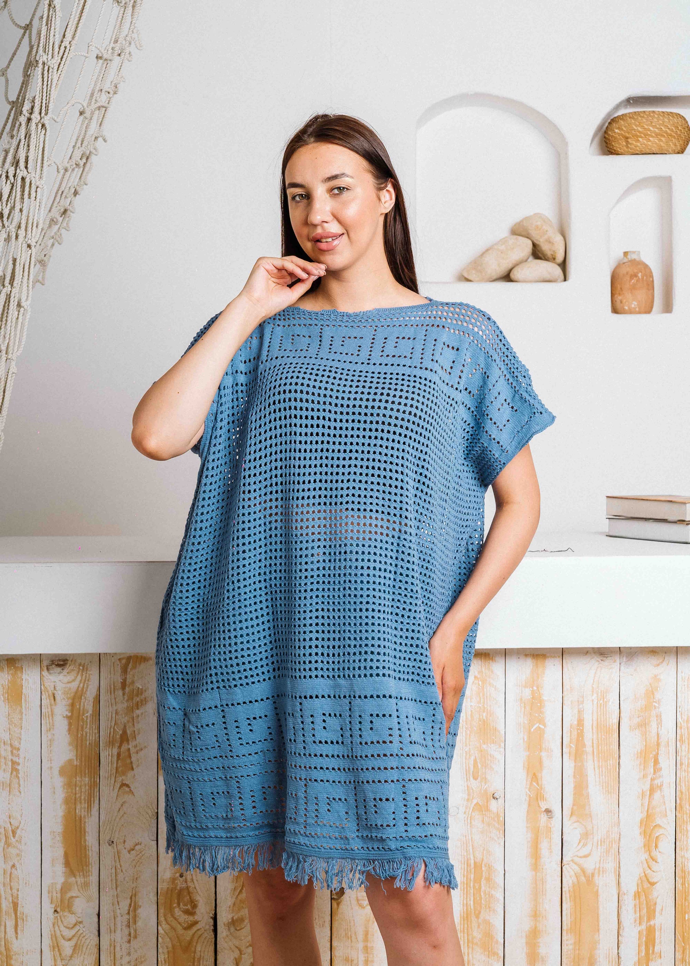 Summer Crochet Kaftan Short Dress - dark blue