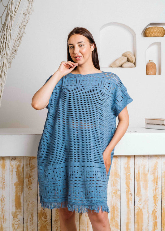 Summer Crochet Kaftan Short Dress - dark blue