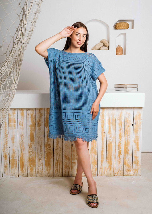 Summer Crochet Kaftan Short Dress - dark blue