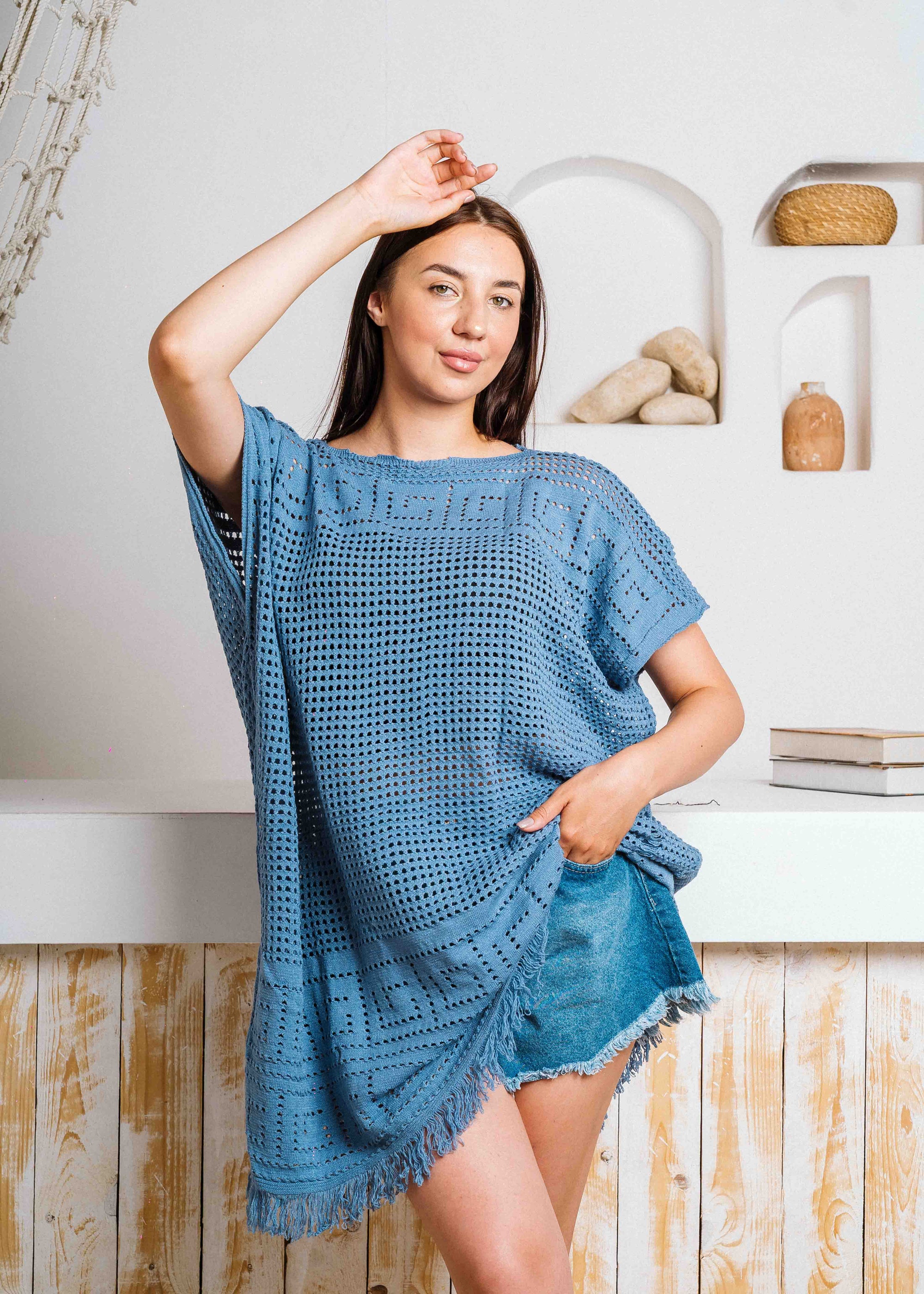 Summer Crochet Kaftan Short Dress - dark blue