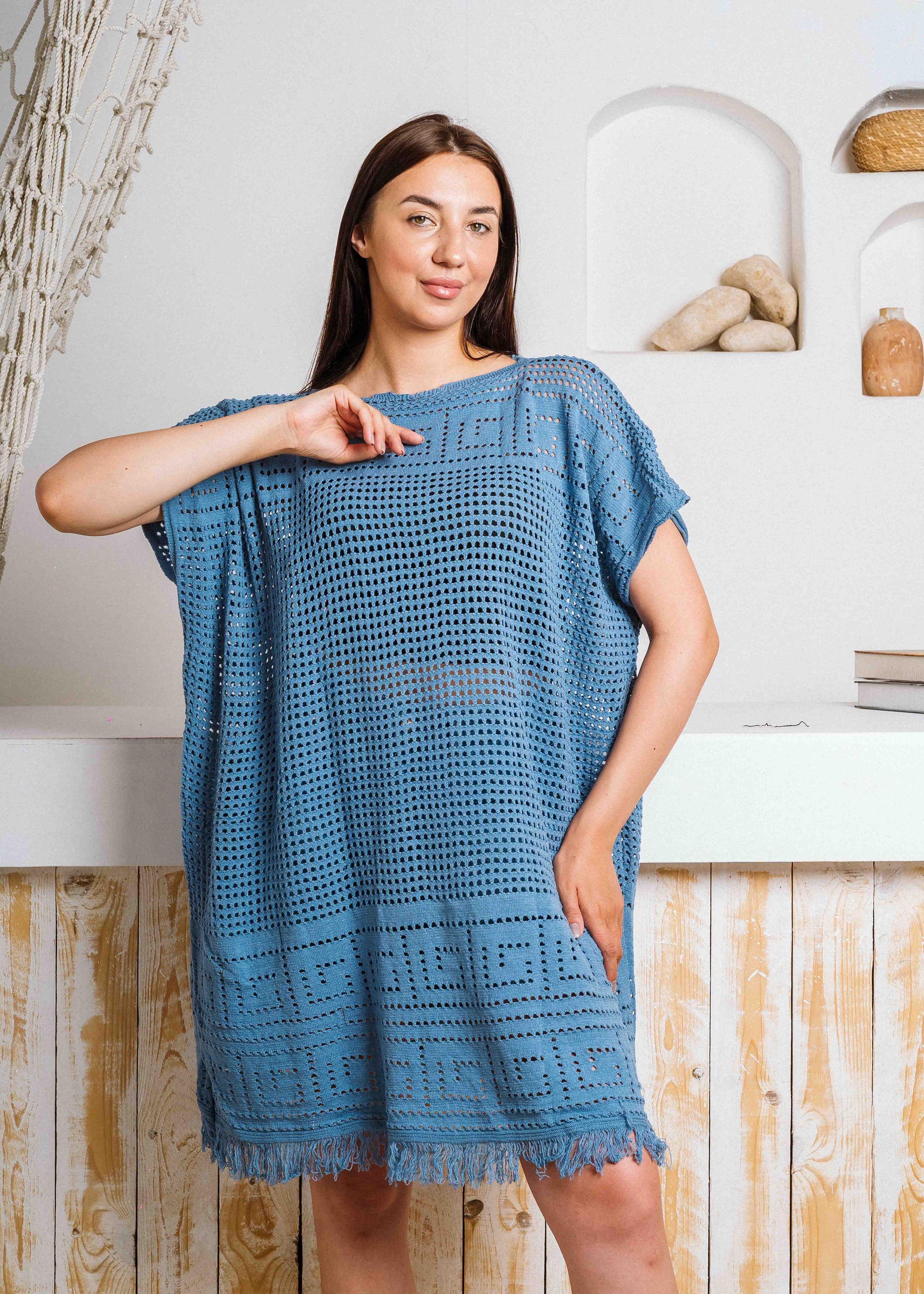 Summer Crochet Kaftan Short Dress - dark blue