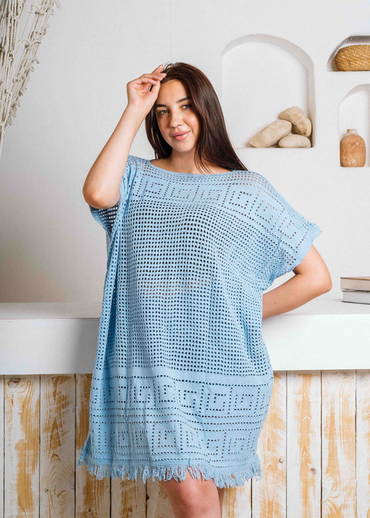 Summer Crochet Kaftan Short Dress - baby blue
