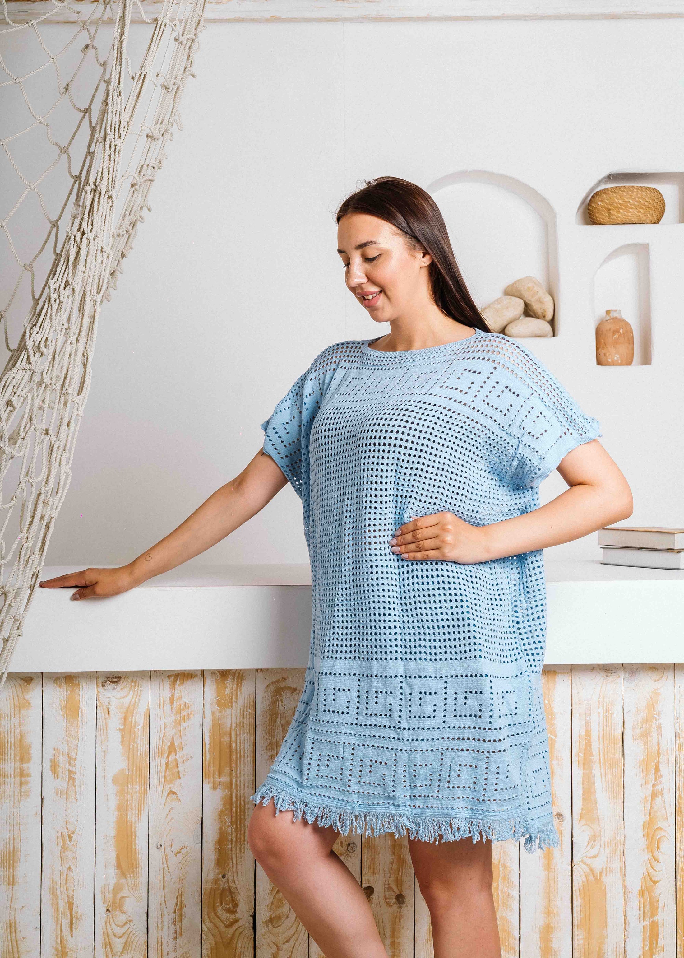Summer Crochet Kaftan Short Dress - baby blue