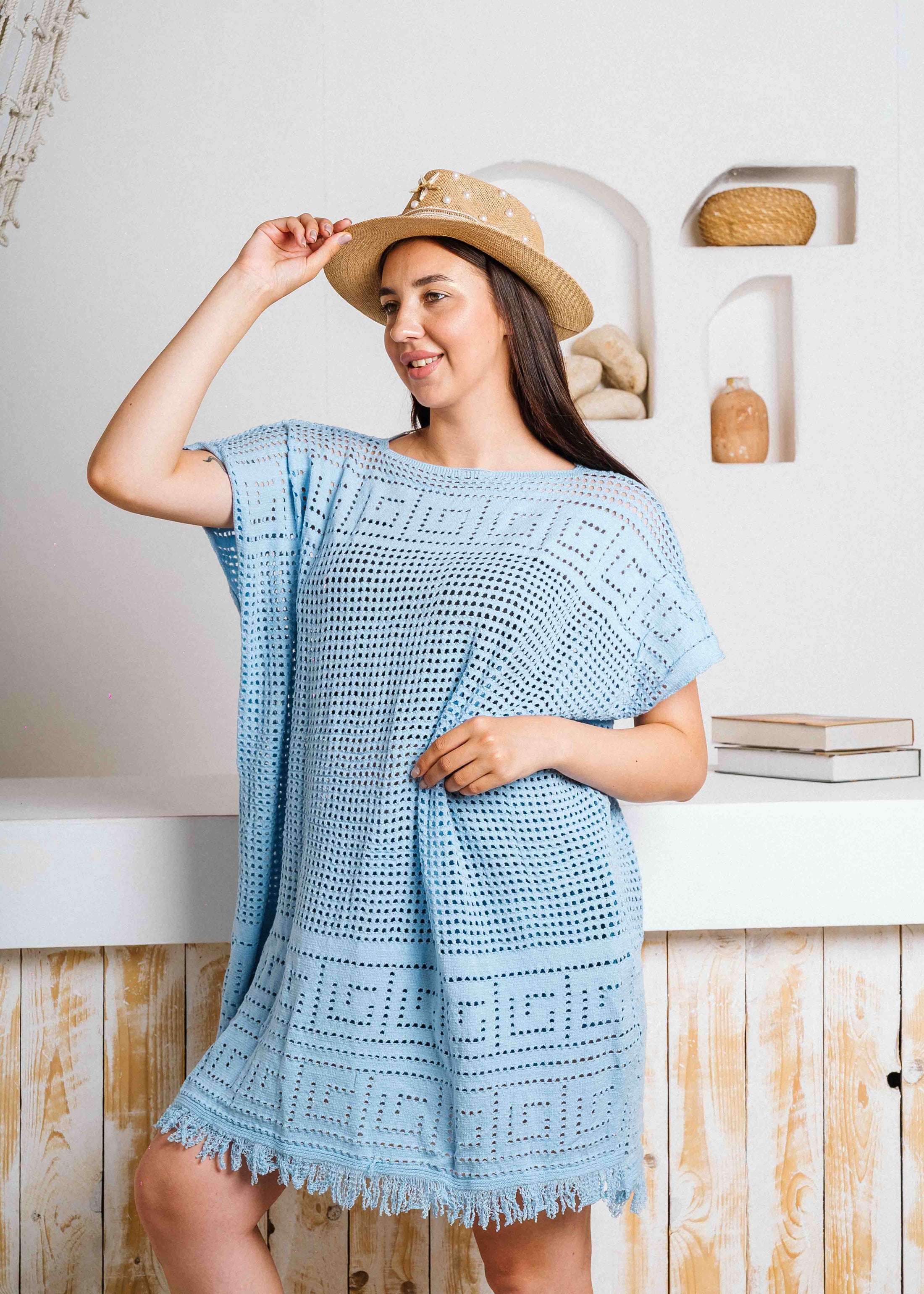 Summer Crochet Kaftan Short Dress - baby blue