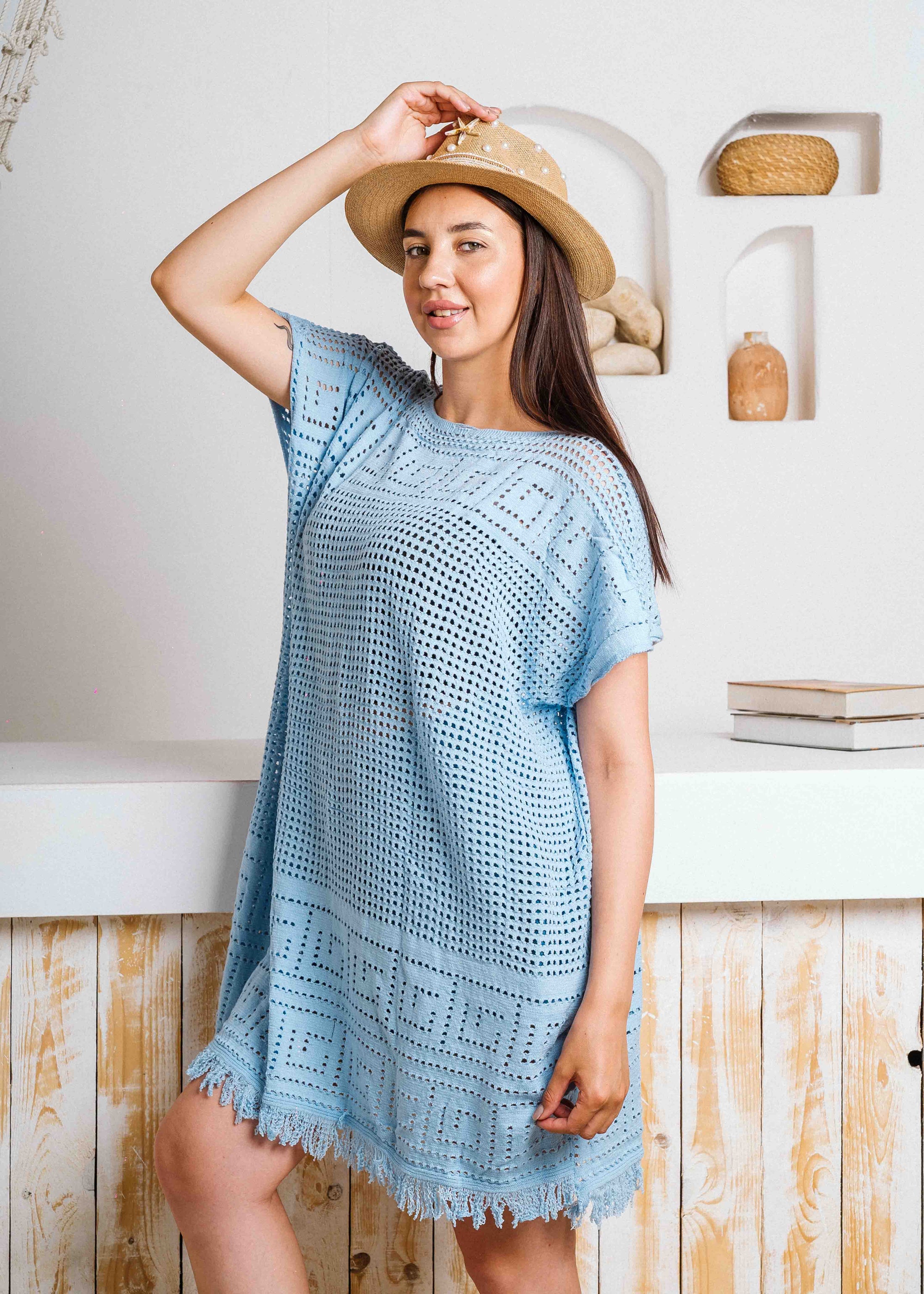 Summer Crochet Kaftan Short Dress - baby blue
