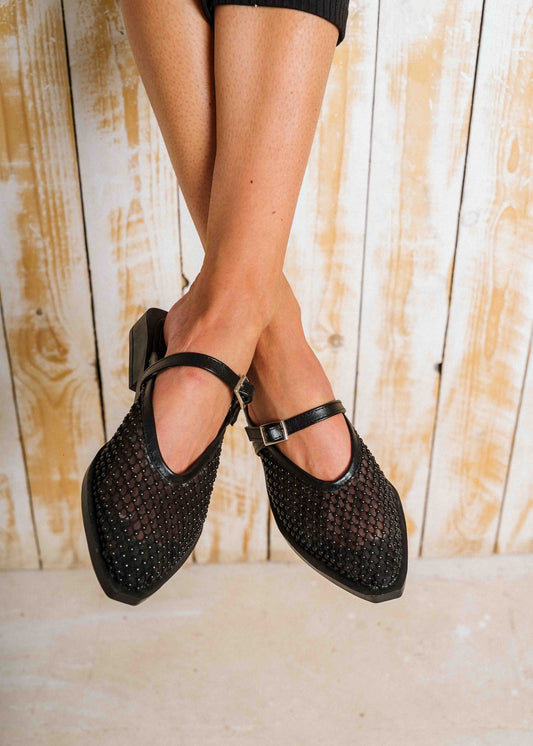 Sleek Mesh Pointed Mules - black