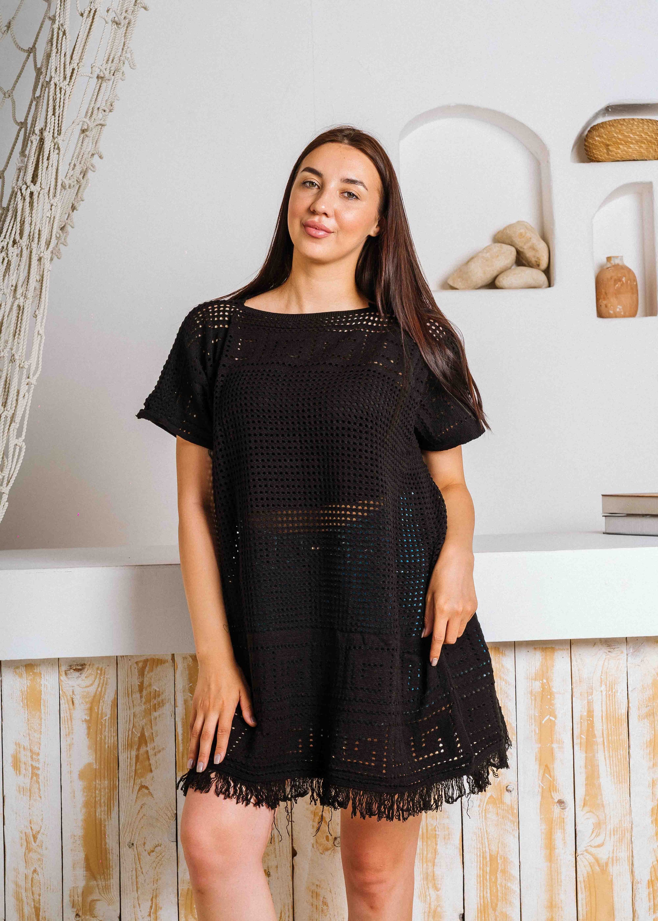 Summer Crochet Kaftan Short Dress - black