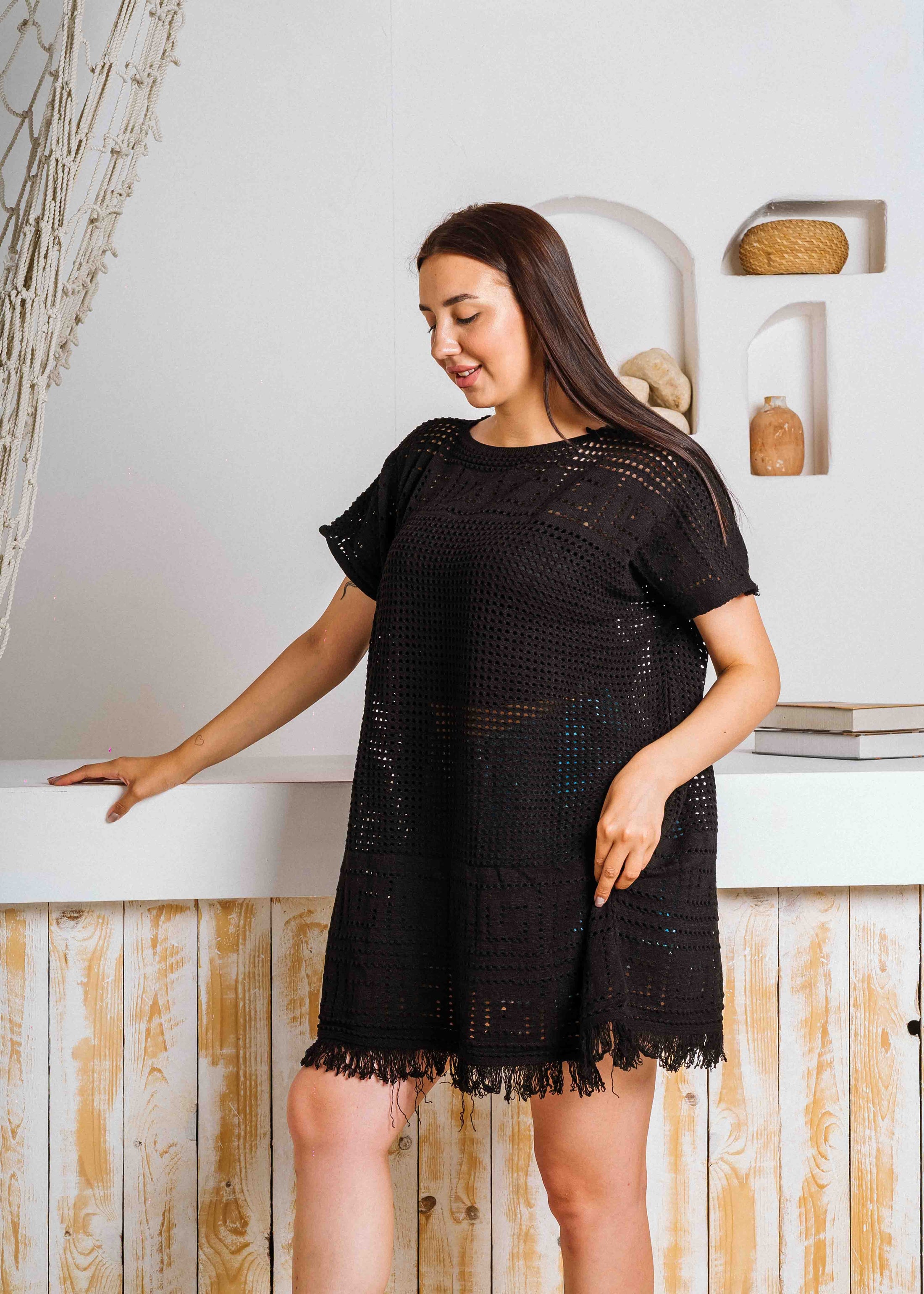 Summer Crochet Kaftan Short Dress - black
