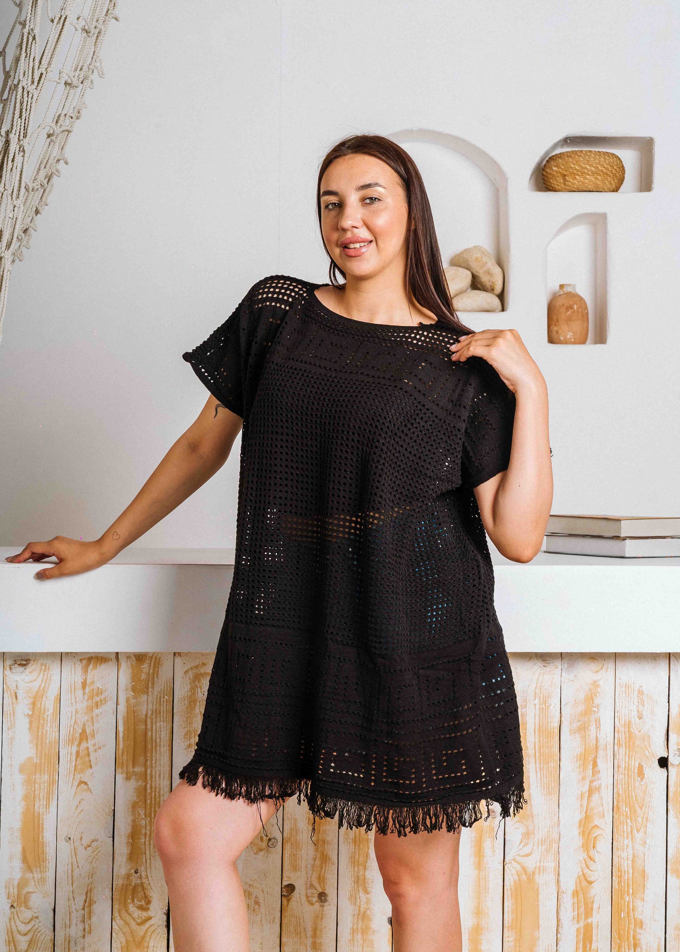 Summer Crochet Kaftan Short Dress - black