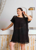 Load image into Gallery viewer, Summer Crochet Kaftan Short Dress - black
