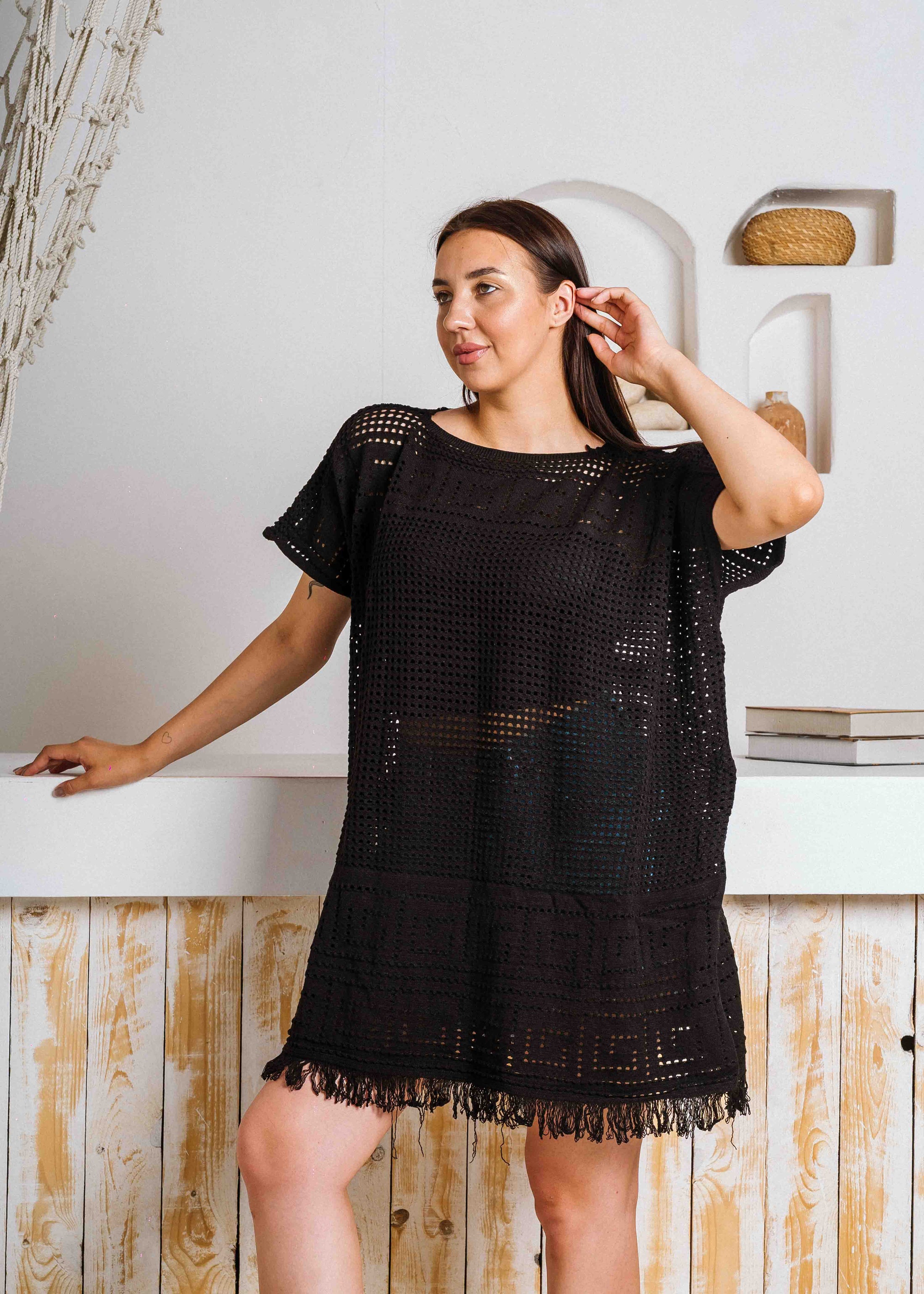 Summer Crochet Kaftan Short Dress - black