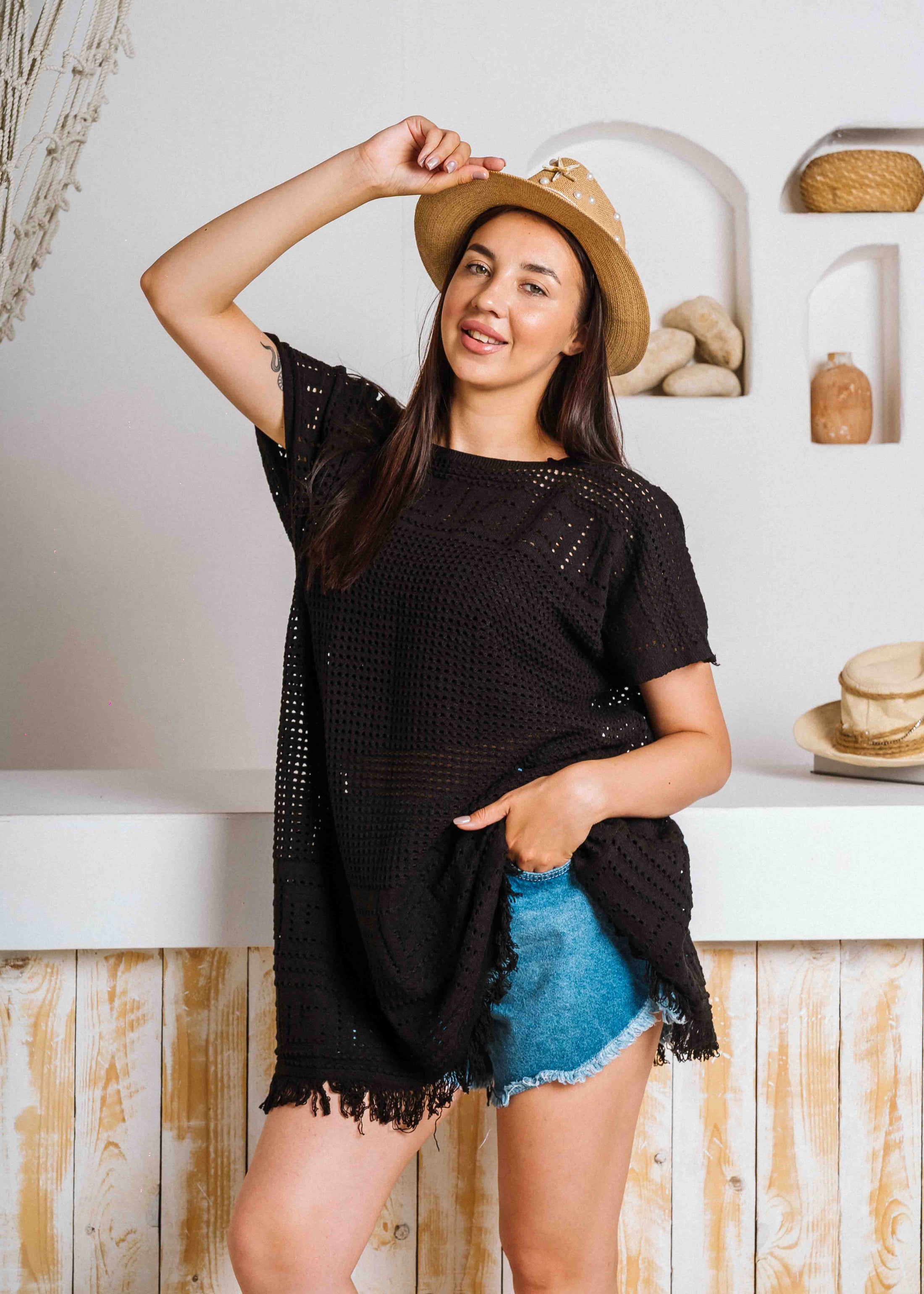 Summer Crochet Kaftan Short Dress - black